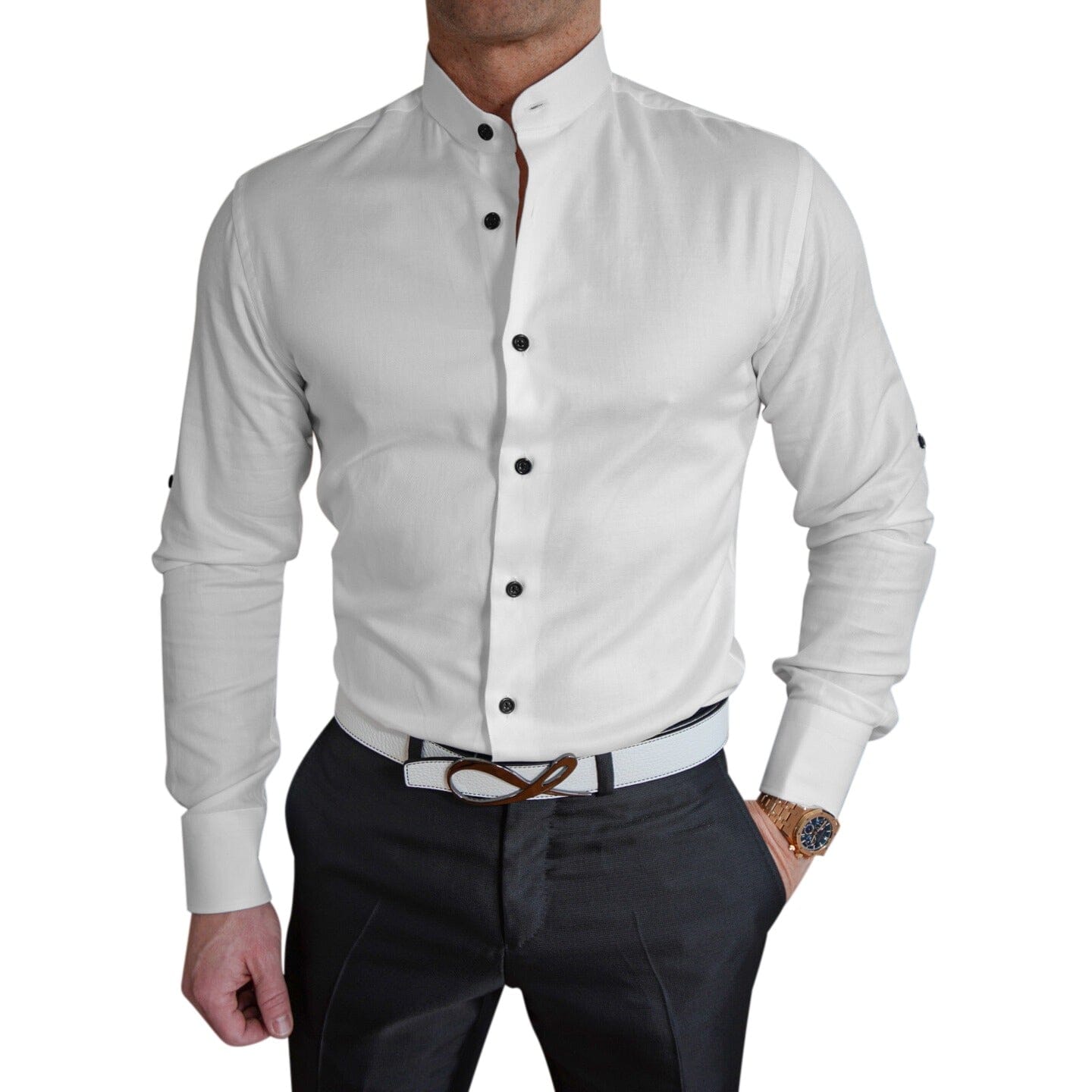 dress shirt mandarin collar White Signature Black Prom Dress Vintage making it ideal for grey tulle dress Colors:Cornflower Stripe
