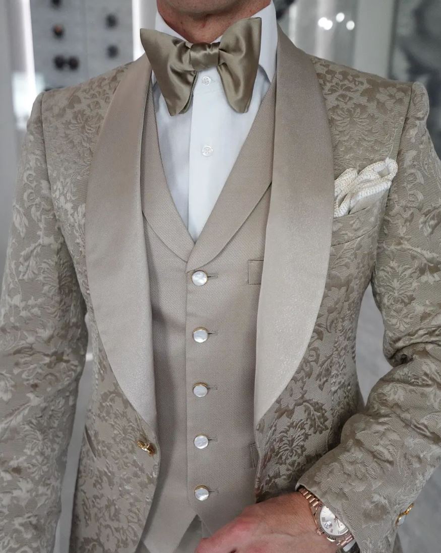 Champagne Oro Fiore groom wedding look by Sebastian Cruz Couture