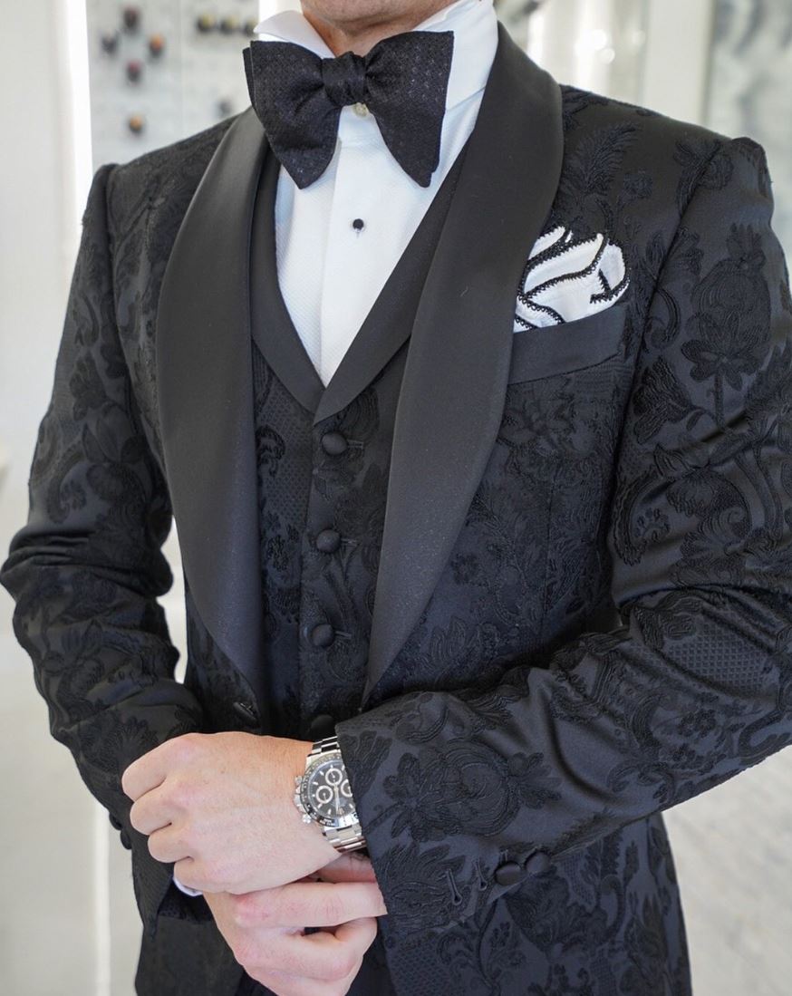 Black Vittoriana styled dinner jacket look by Sebastian Cruz Couture