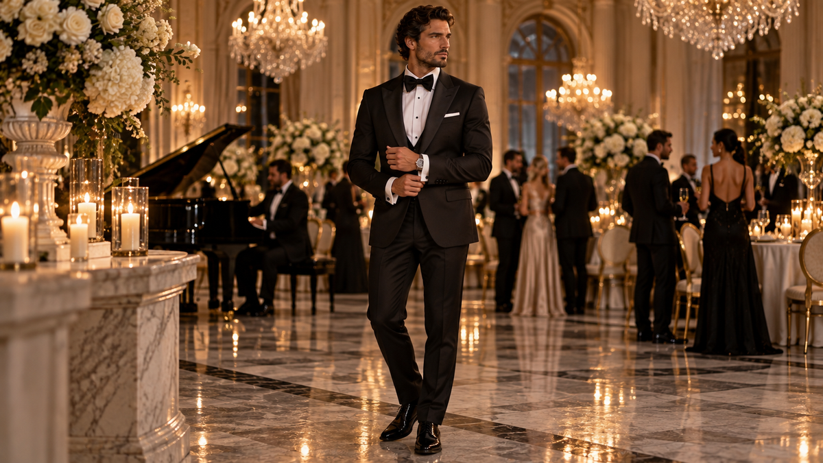 What to wear to a black tie wedding - modern gentleman in black tuxedo at luxury wedding