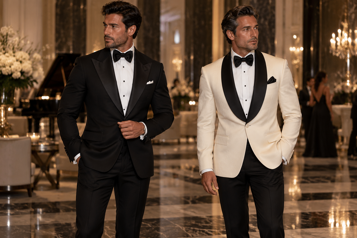 Peak lapel vs shawl collar tuxedo - Sebastian Cruz Couture black tie editorial