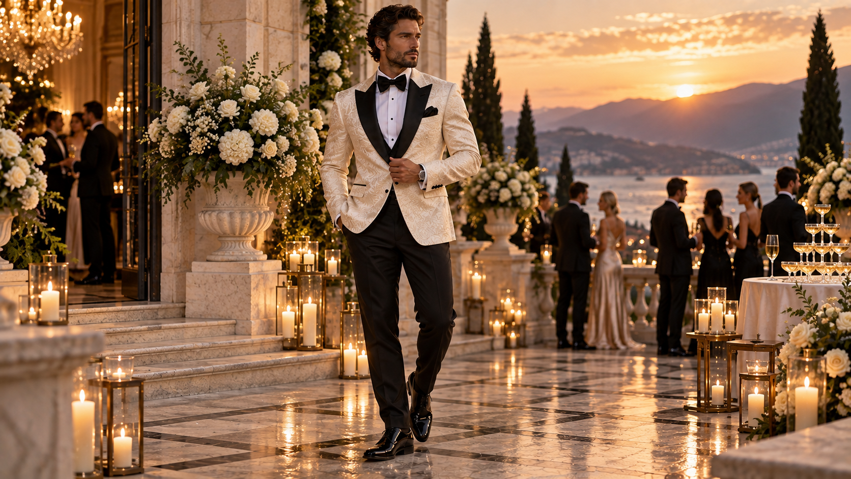 White dinner jacket styled for black tie wedding - Sebastian Cruz Couture editorial look
