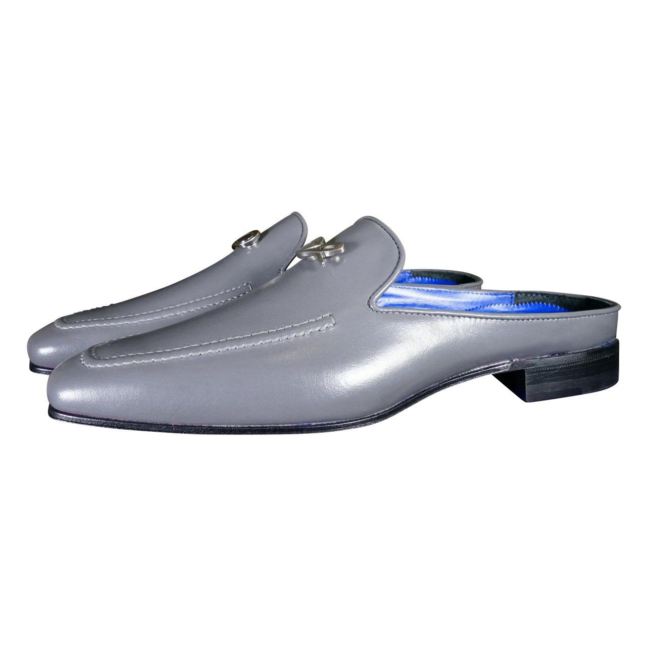 Grafite With Silver Hardware Leather Slippers-3