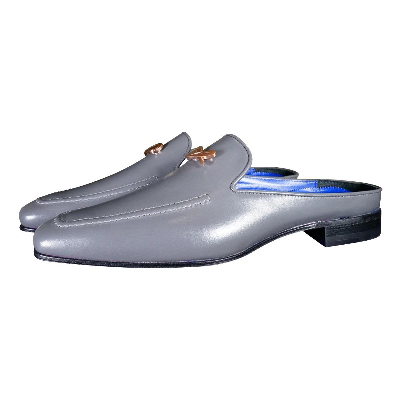 Grafite With Rose Gold Hardware Leather Slippers-5