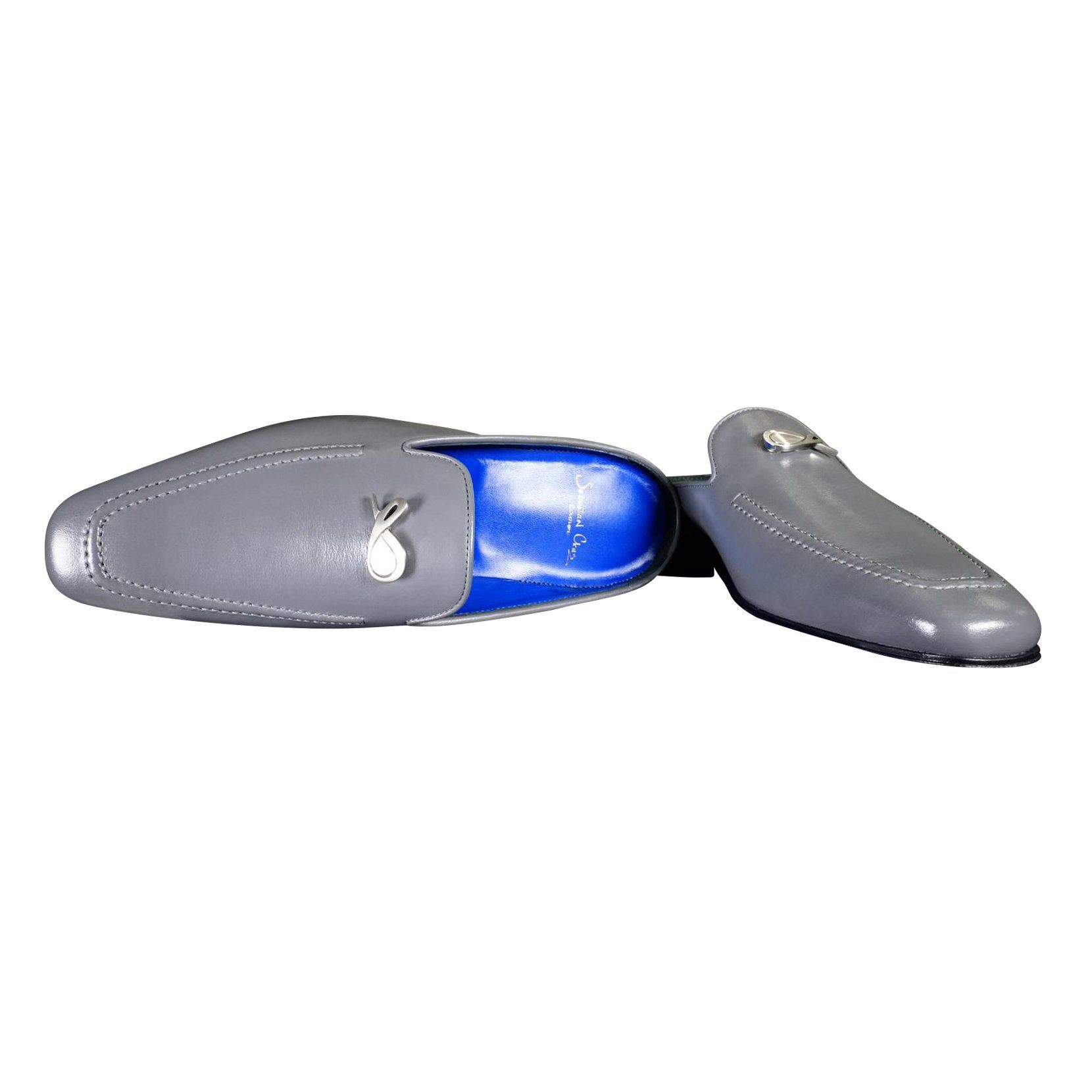 Grafite With Silver Hardware Leather Slippers-4