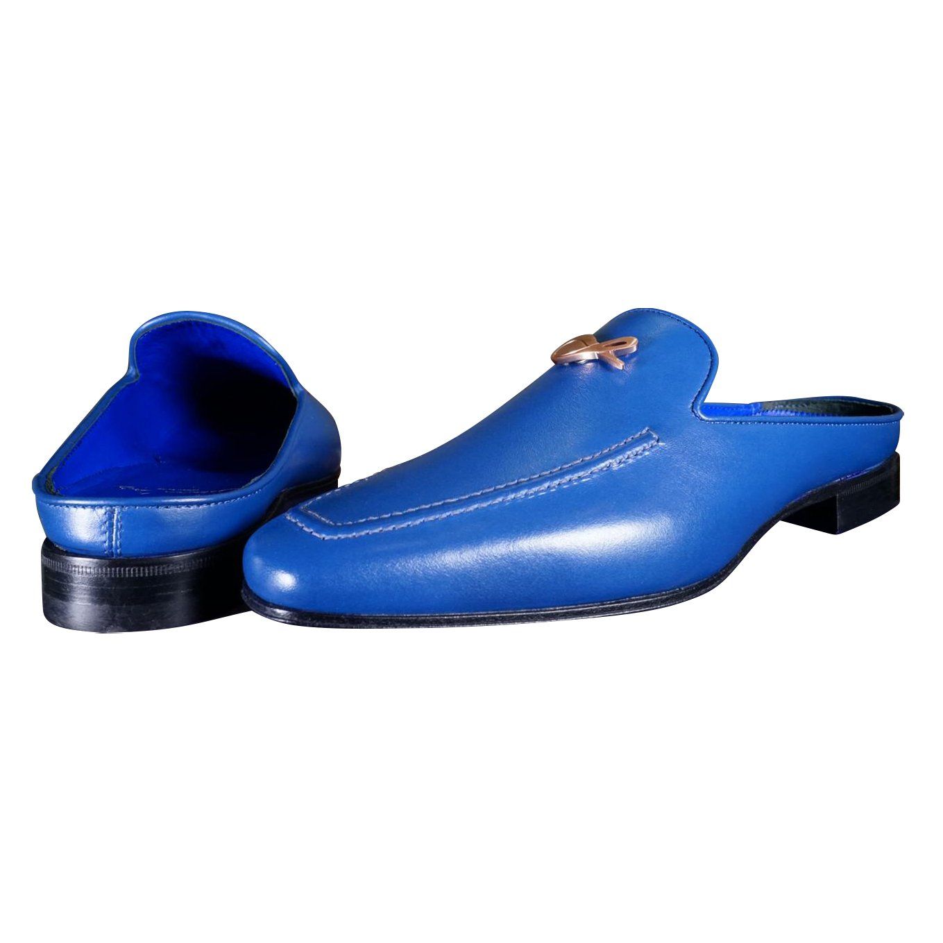 Cobalt With Rose Gold Hardware Leather Slipper-3