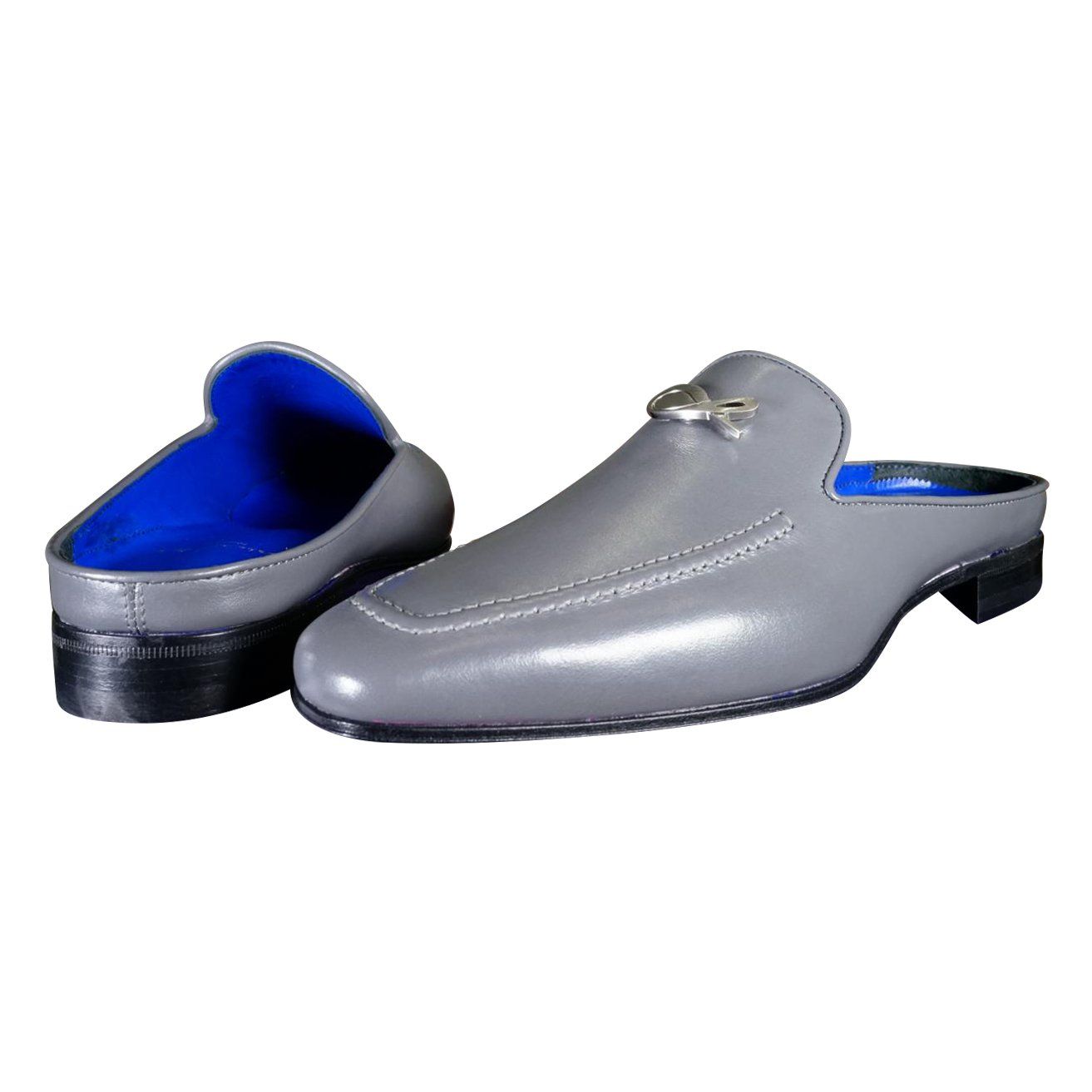 Grafite With Silver Hardware Leather Slippers-5