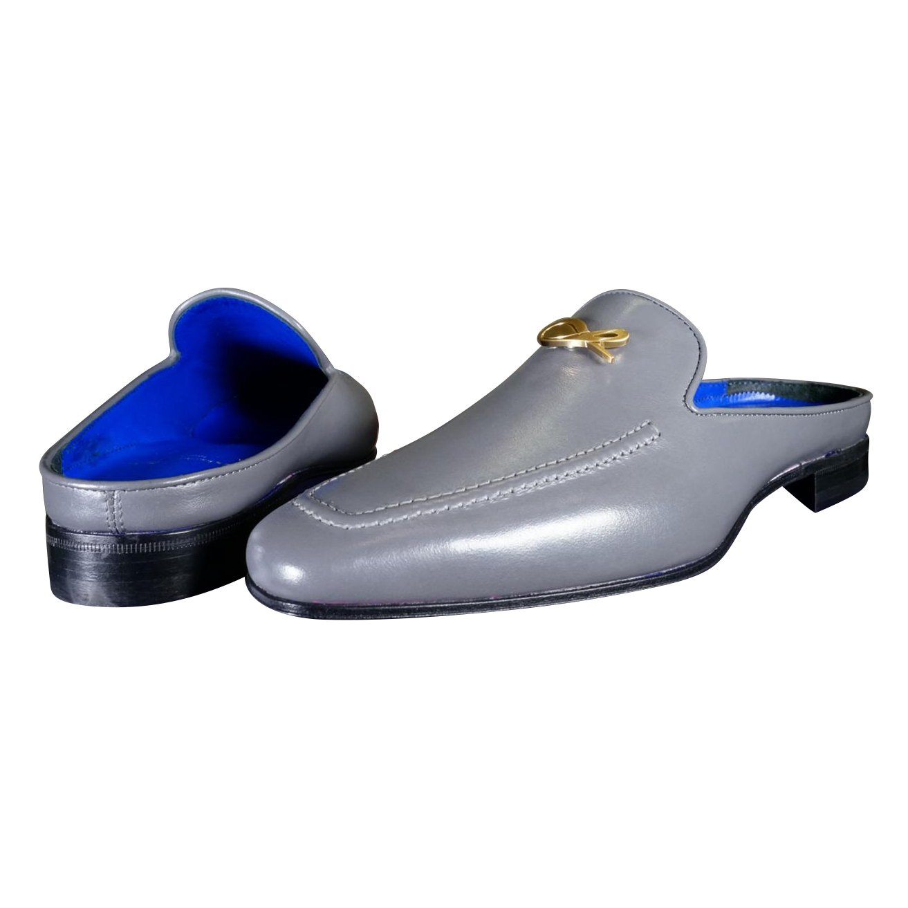 Grafite With Yellow Gold Hardware Leather Slippers-3