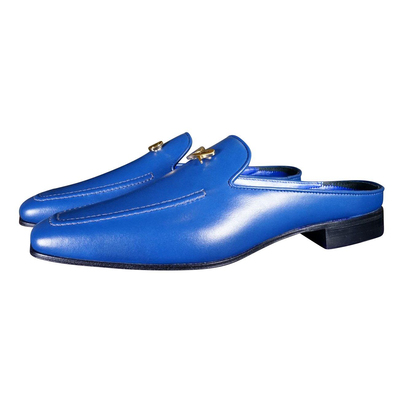 Cobalt With Yellow Gold Hardware Leather Slipper-4