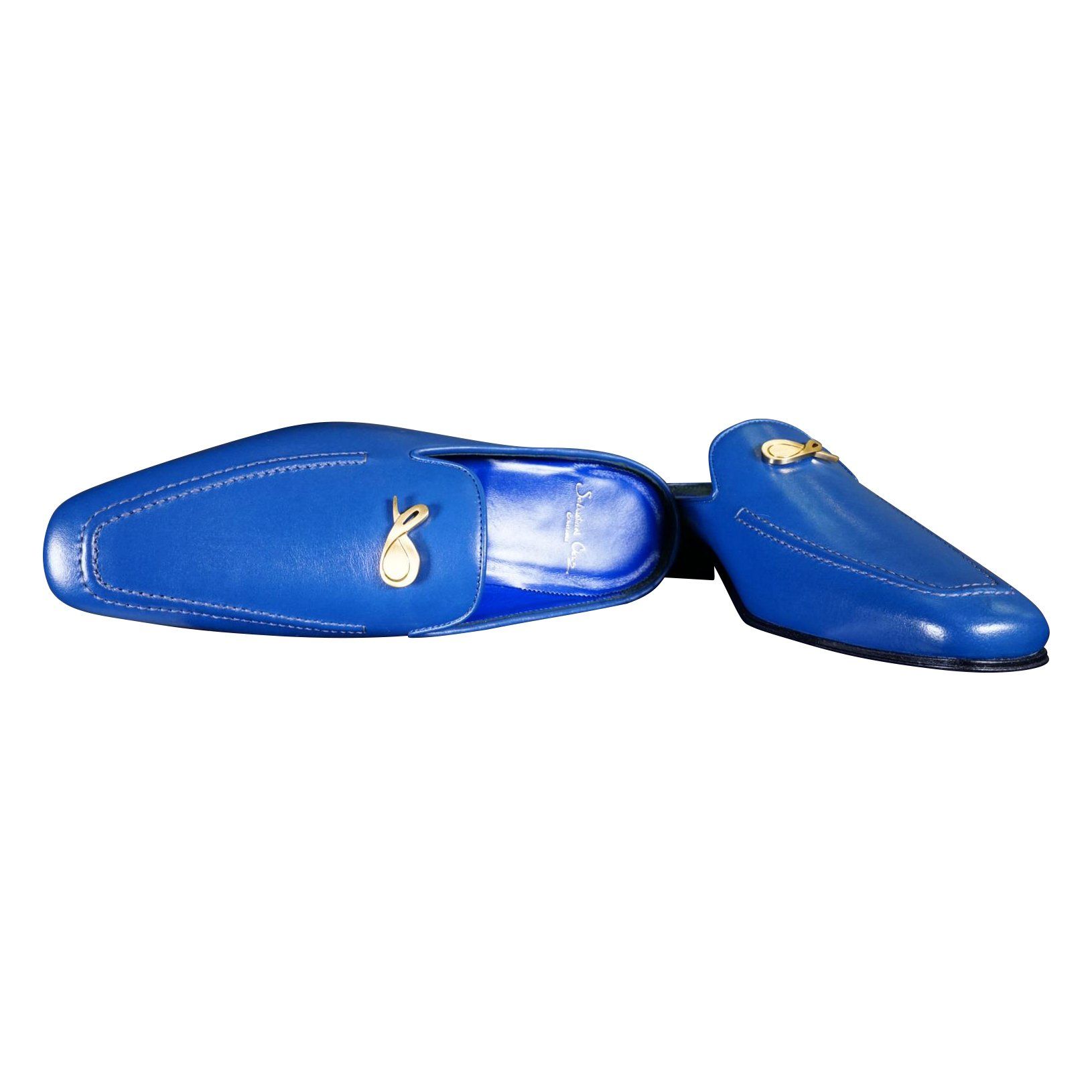 Cobalt With Yellow Gold Hardware Leather Slipper-6
