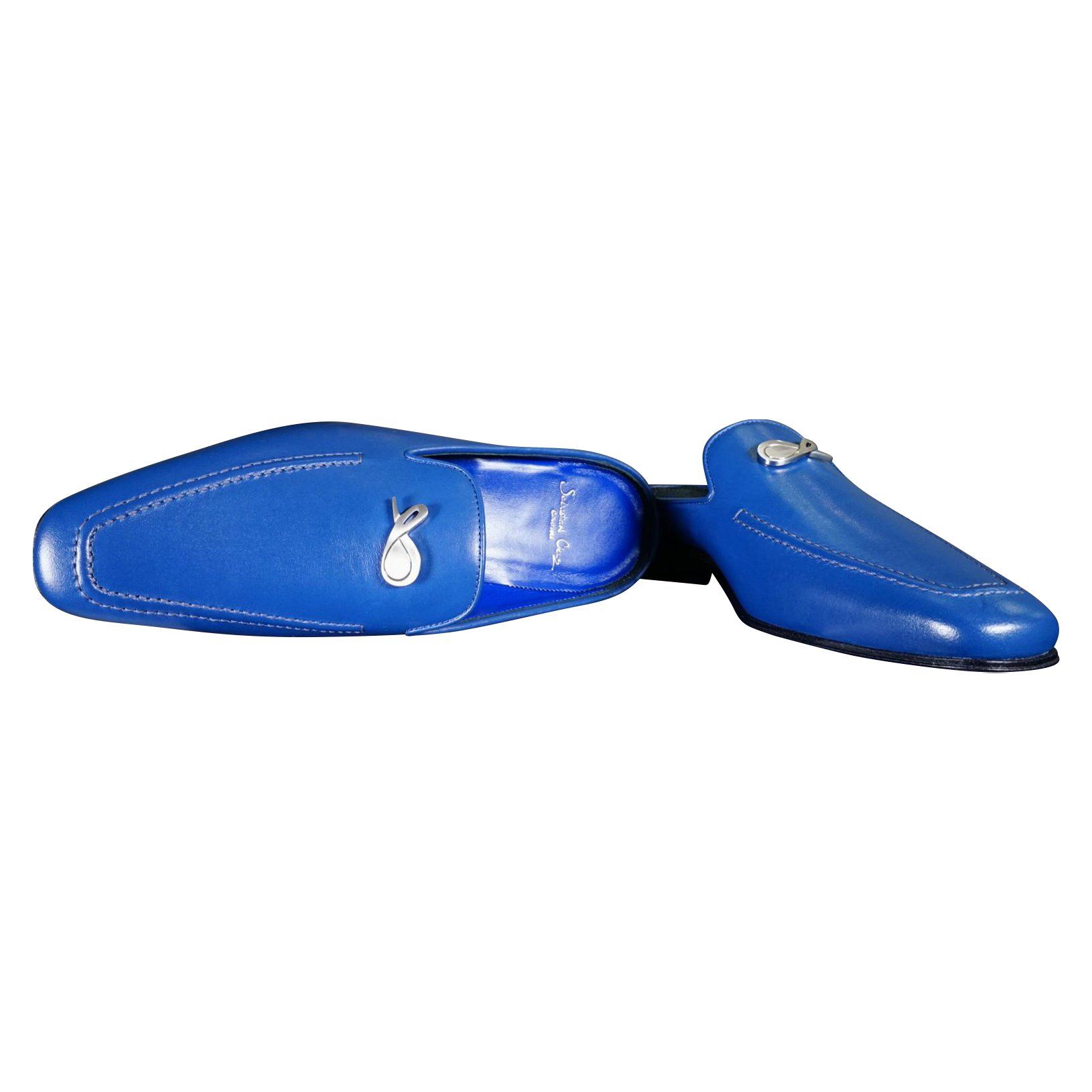 Cobalt With Silver Hardware Leather Slipper-7