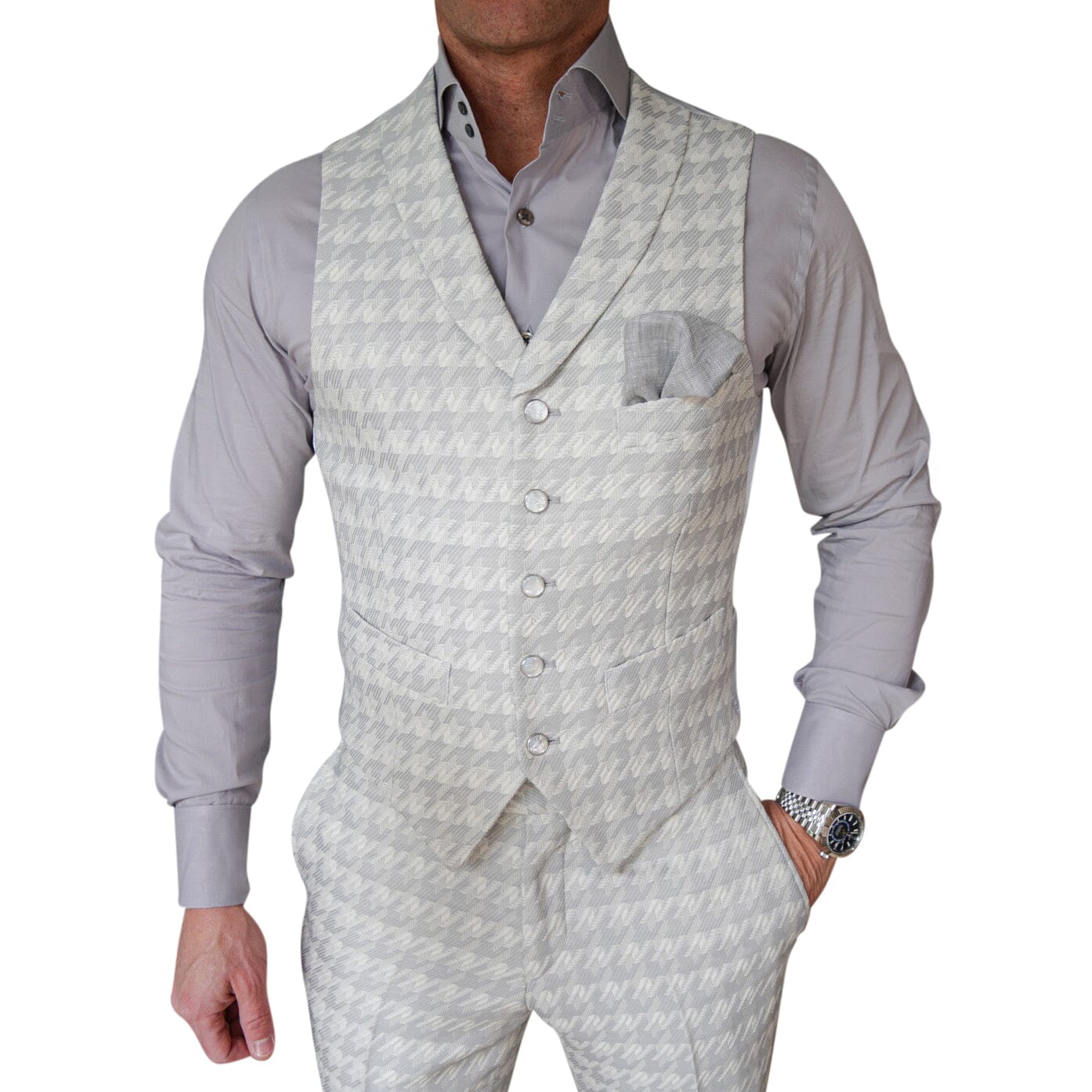Oyster Grigio Houndstooth Ciottoli Waistcoat @ The Vault