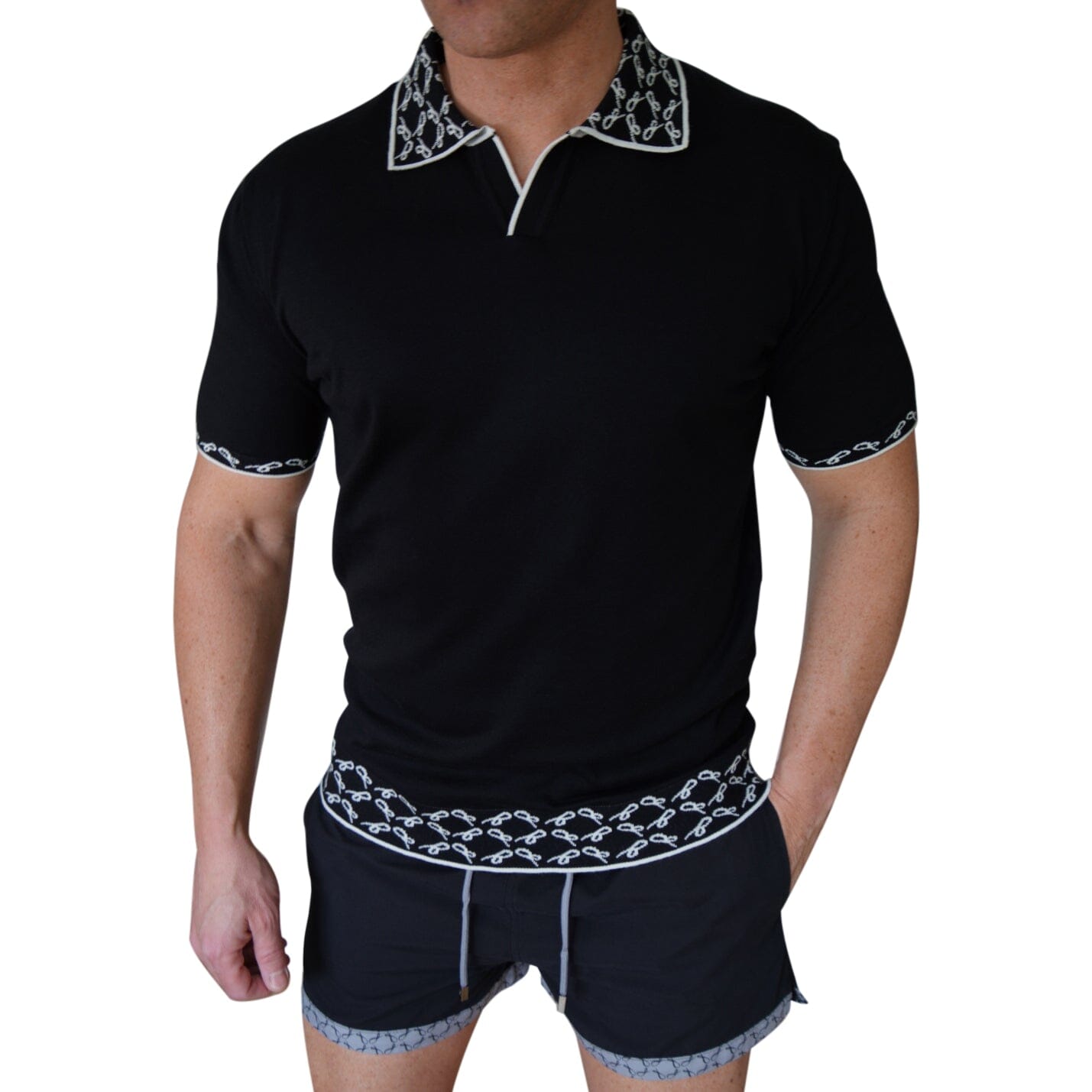 Nero Signature Logo Knit Contrast V Neck Polo-3