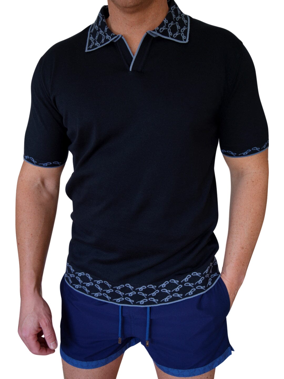 Indaco Signature Logo Knit Contrast V Neck Polo-3