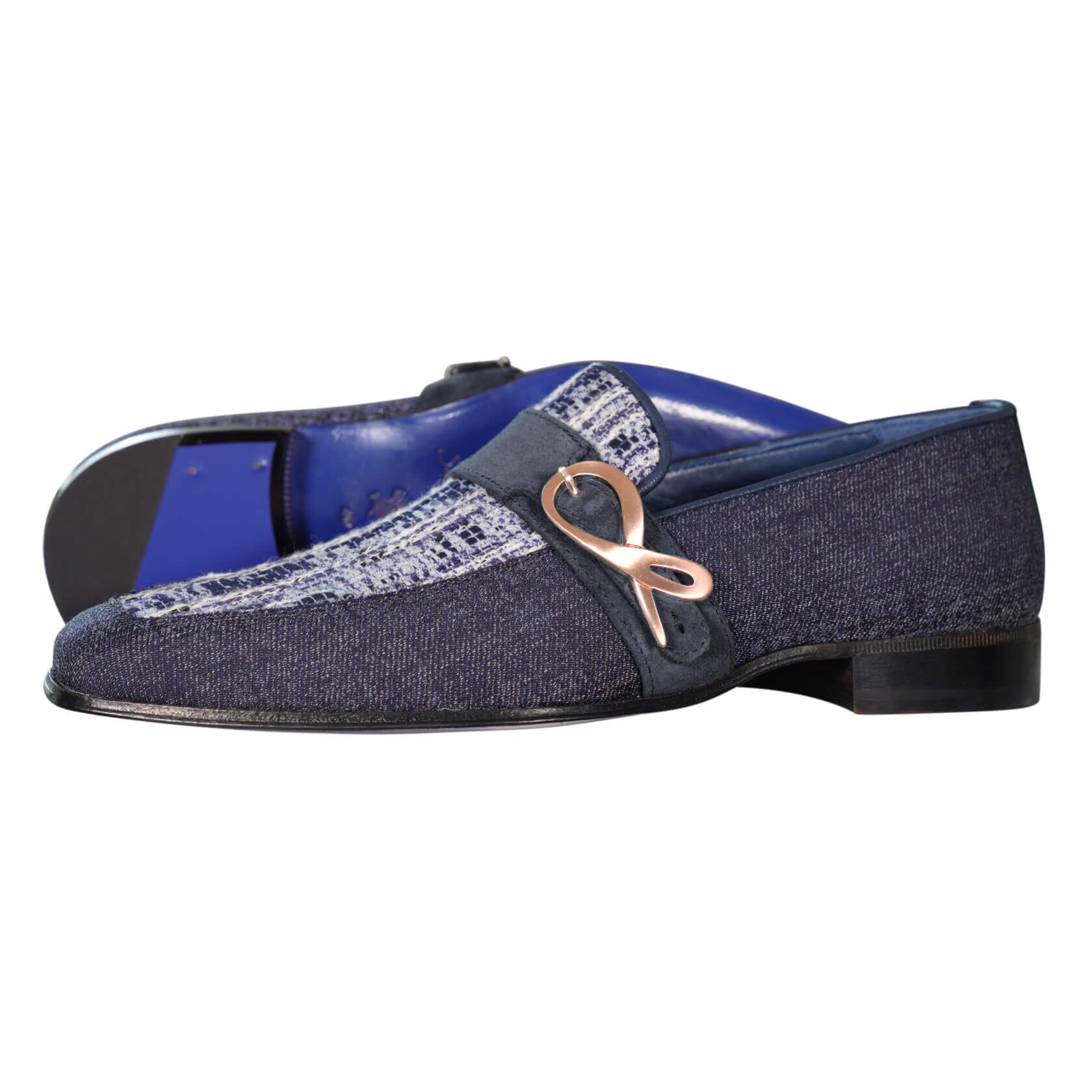 Vintage Denim Tweed Rose Gold Monk Loafer