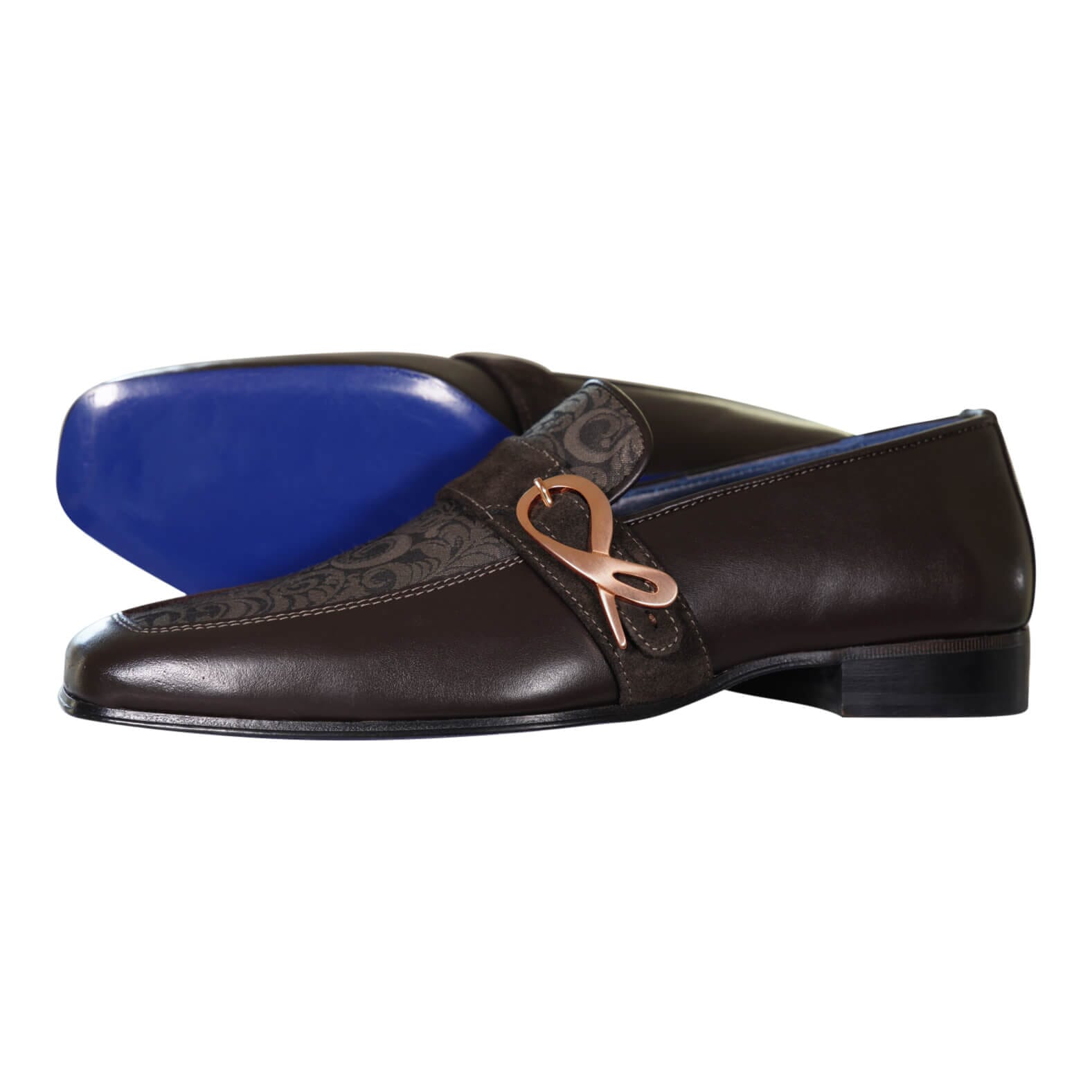 Chocolate Damascata Monk Loafers With Rose Gold Buckle