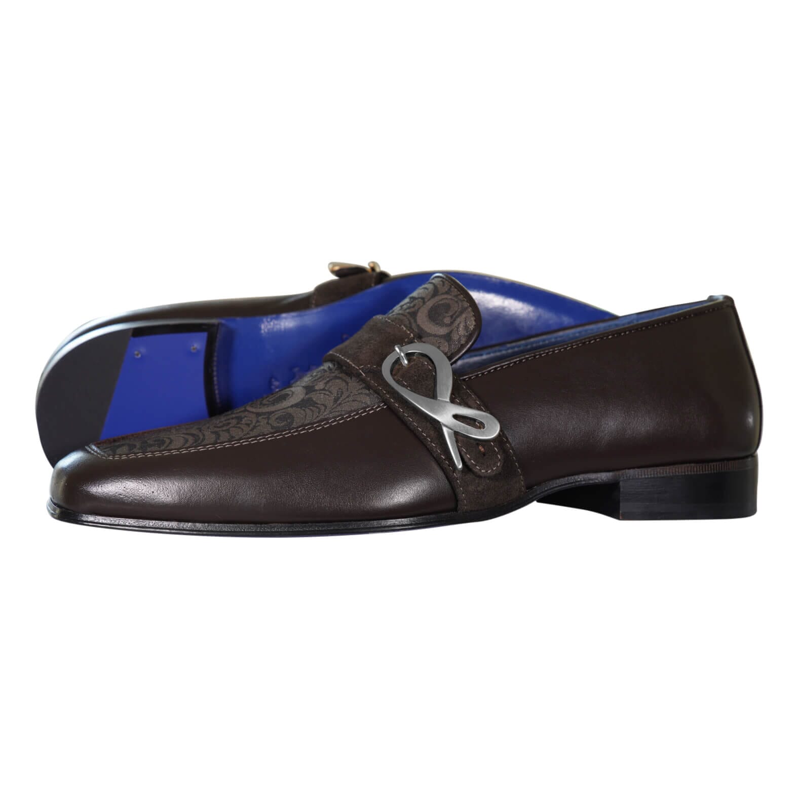 Chocolate Damascata Monk Loafers With Silver Buckle