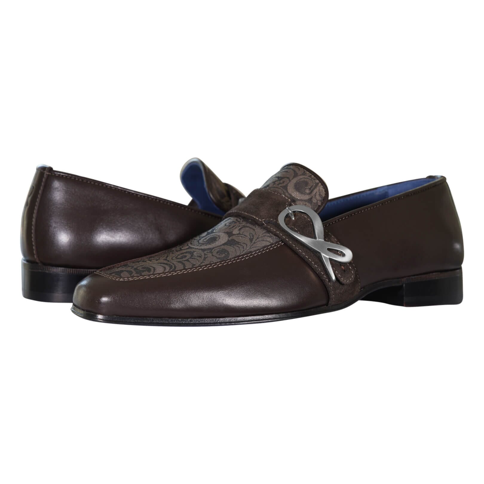 Chocolate Damascata Monk Loafers With Silver Buckle-3