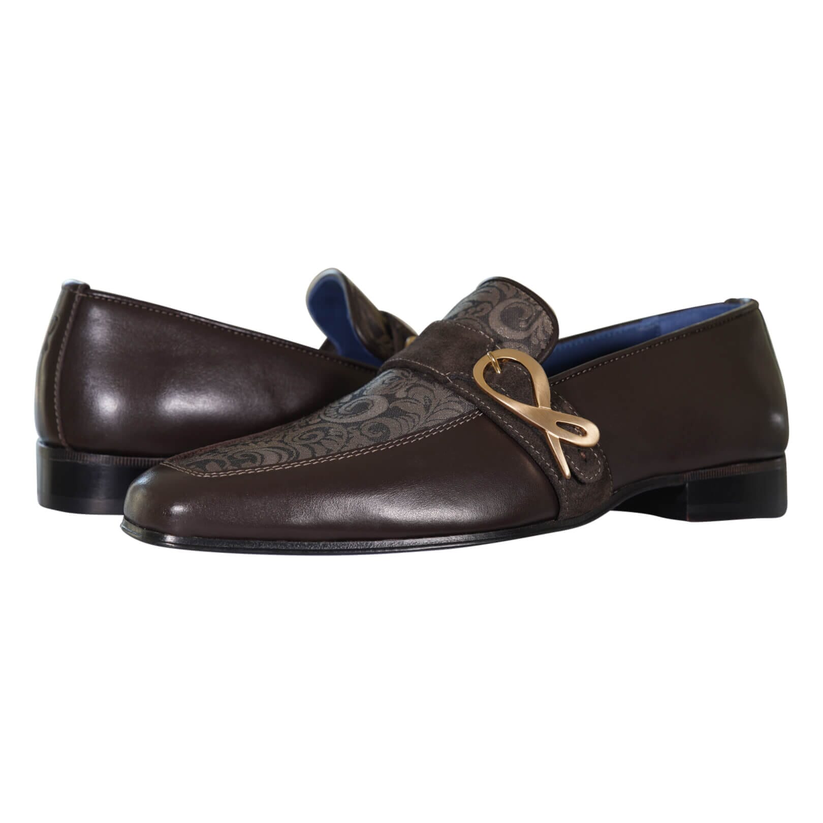 Chocolate Damascata Monk Loafers With Yellow Gold Buckle-3