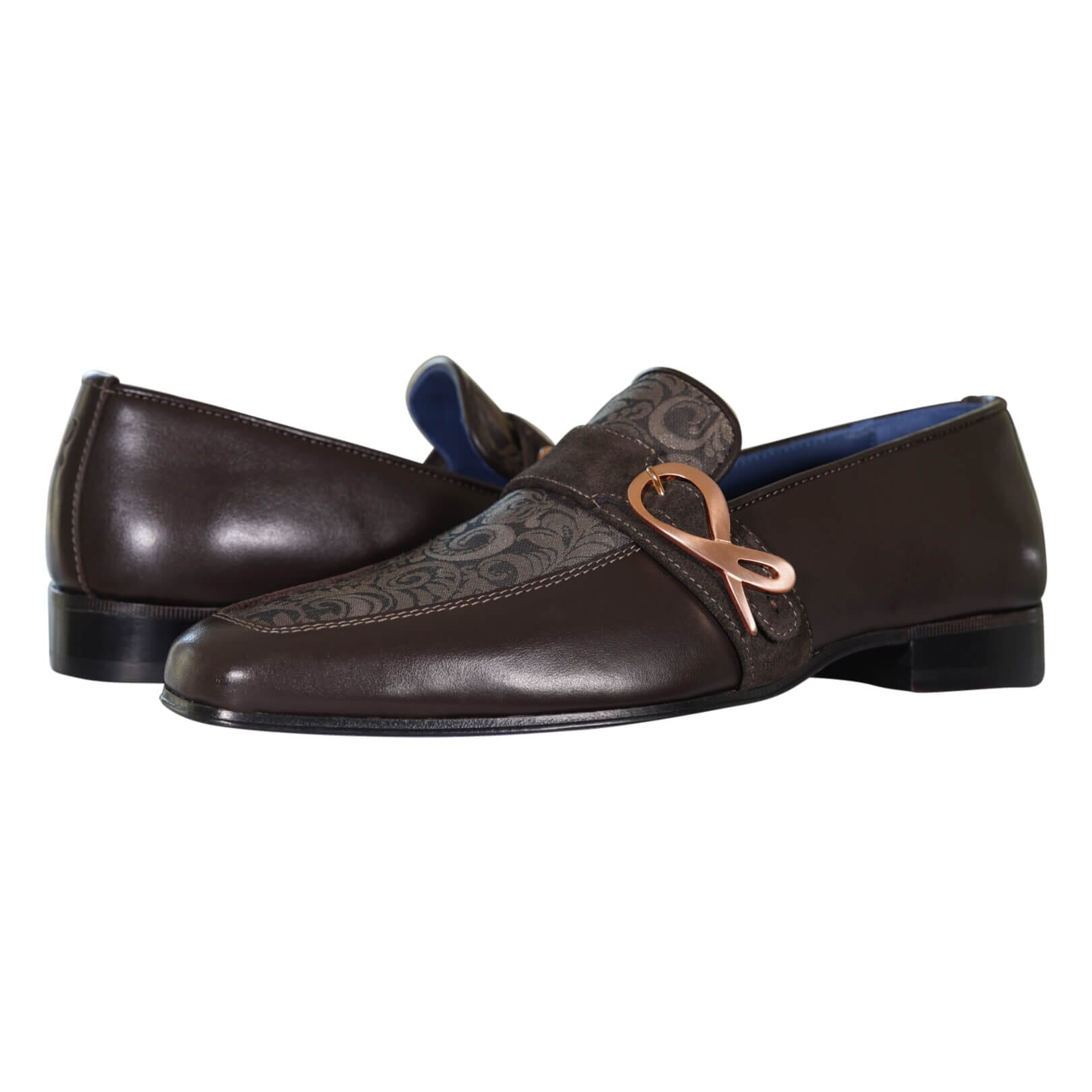 Chocolate Damascata Monk Loafers With Rose Gold Buckle-3