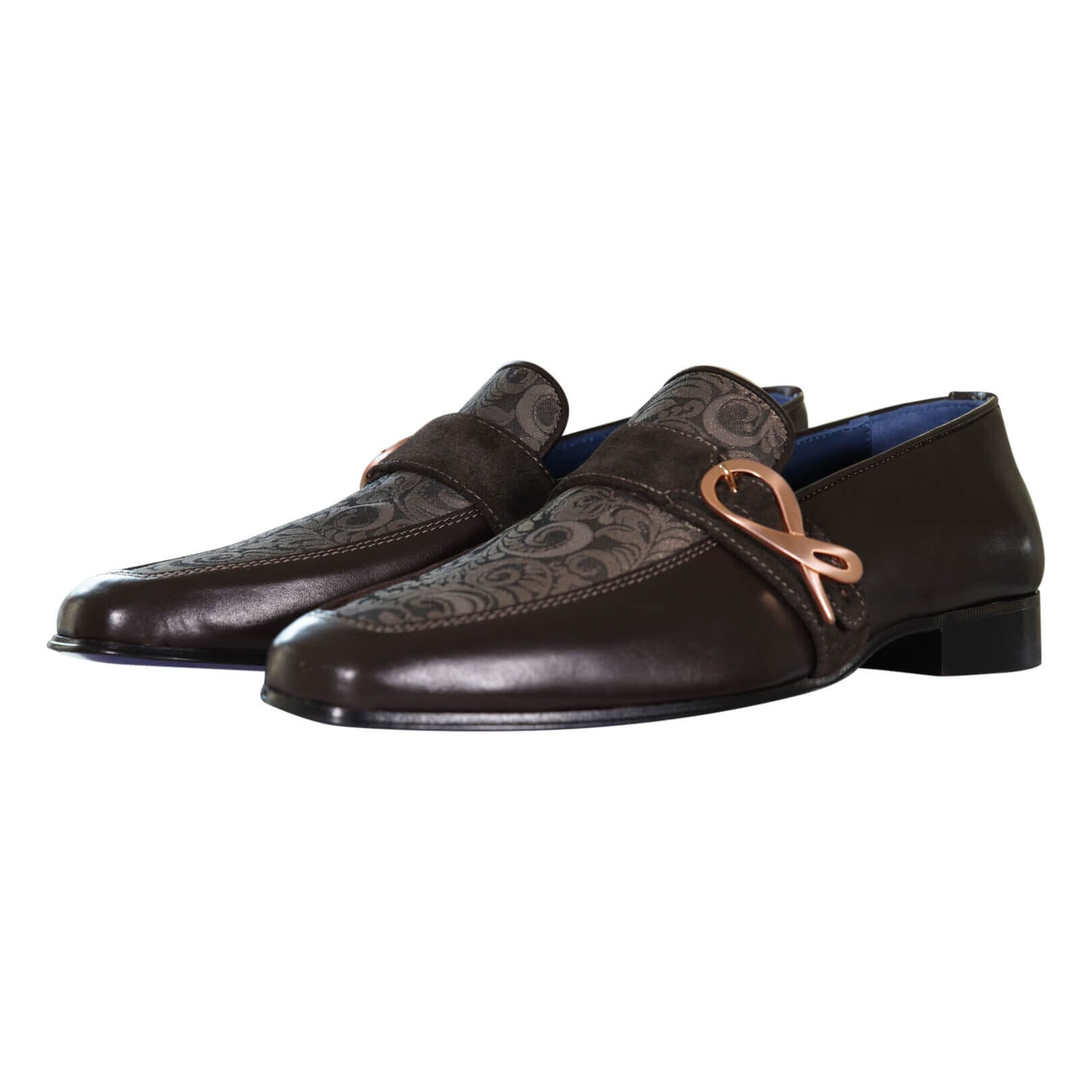Chocolate Damascata Monk Loafers With Rose Gold Buckle-4