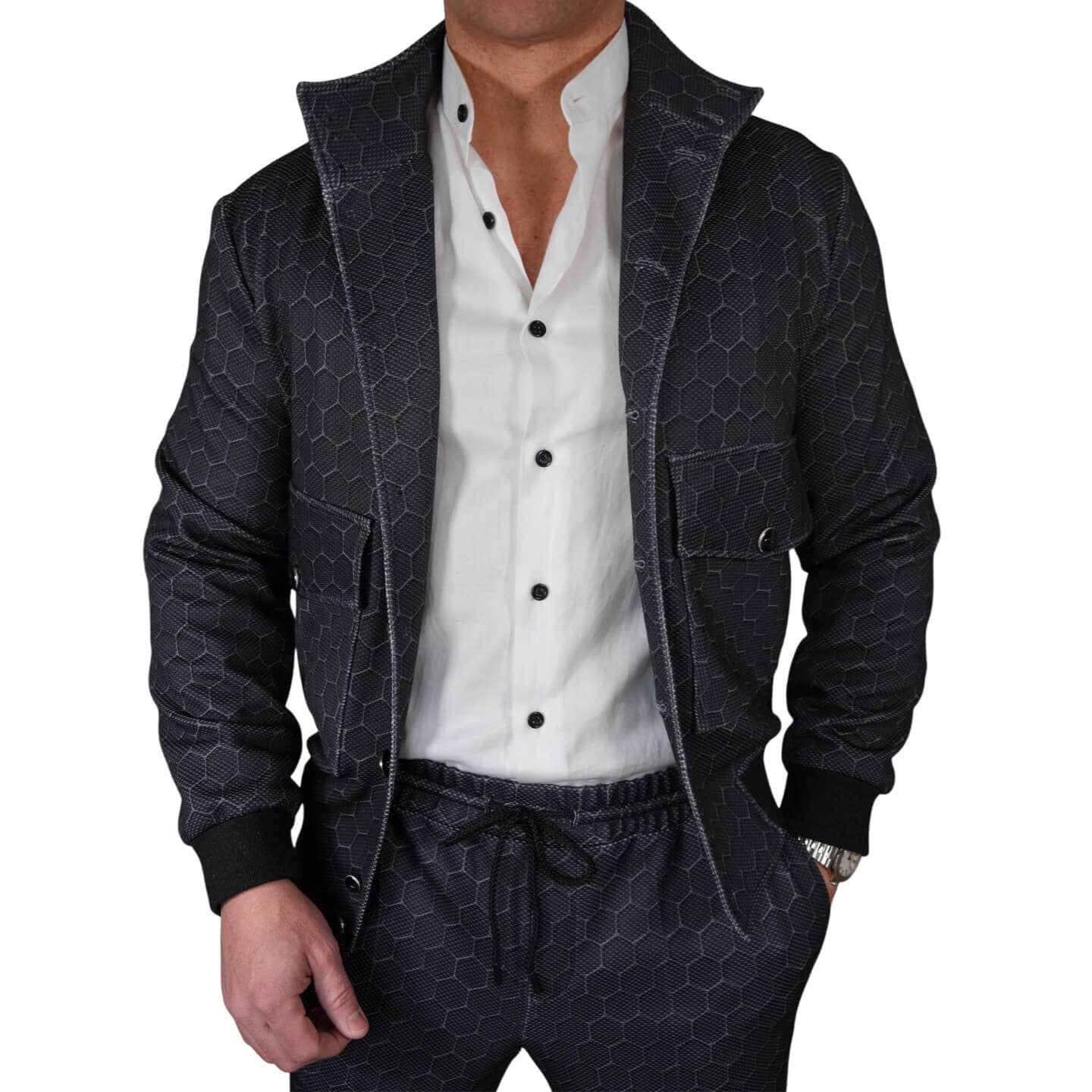 Charcoal Honeycomb Luxury Performance Bomber Jacket-3