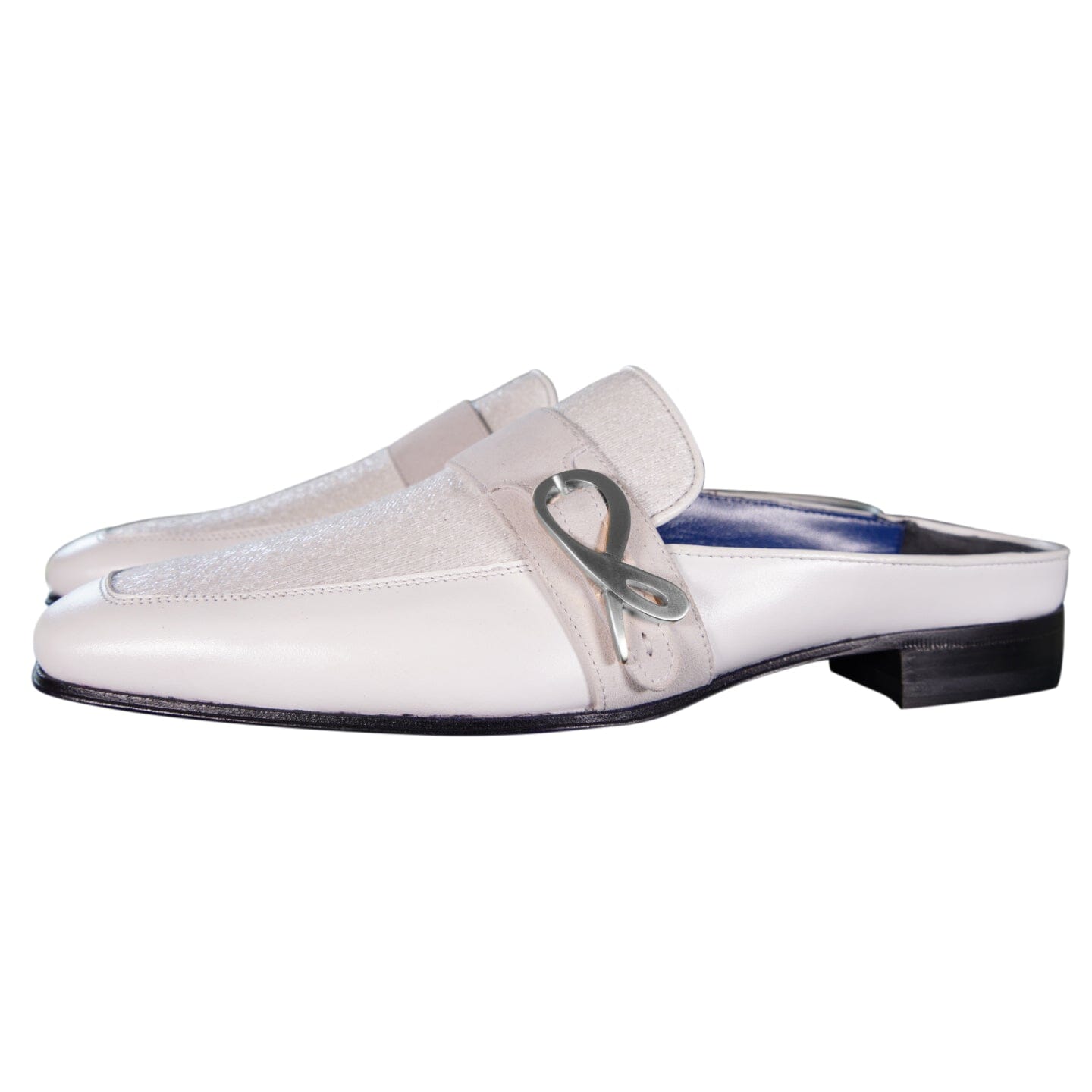 White Diamante With Silver Hardware Leather Slippers-3