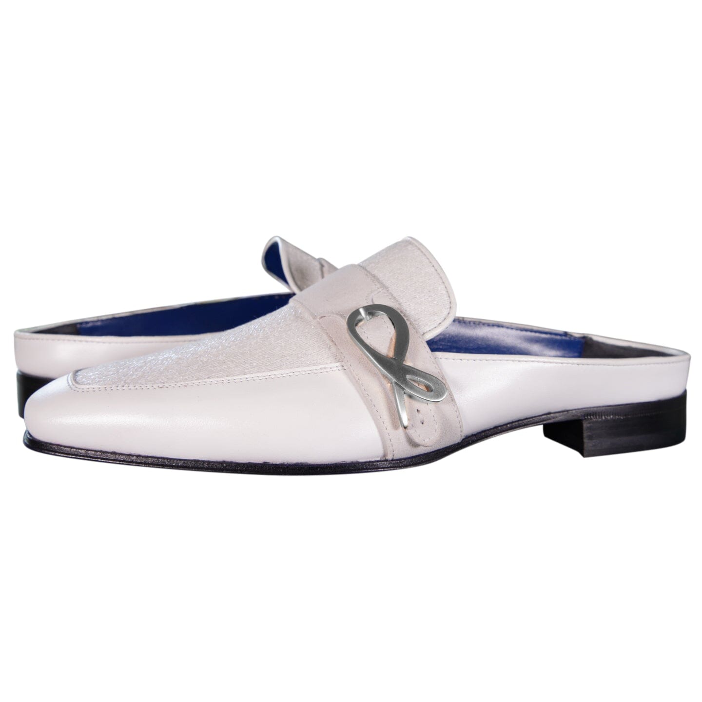 White Diamante With Silver Hardware Leather Slippers-4
