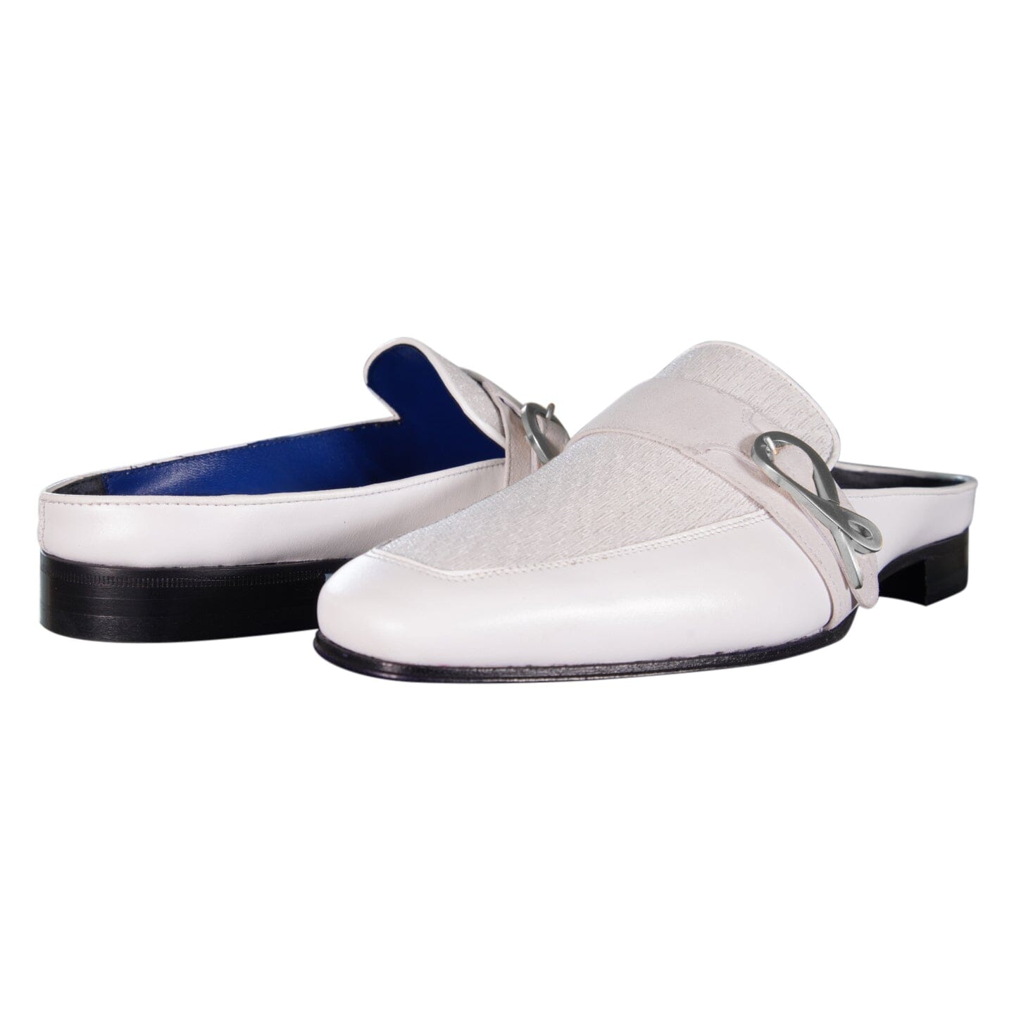 White Diamante With Silver Hardware Leather Slippers-5