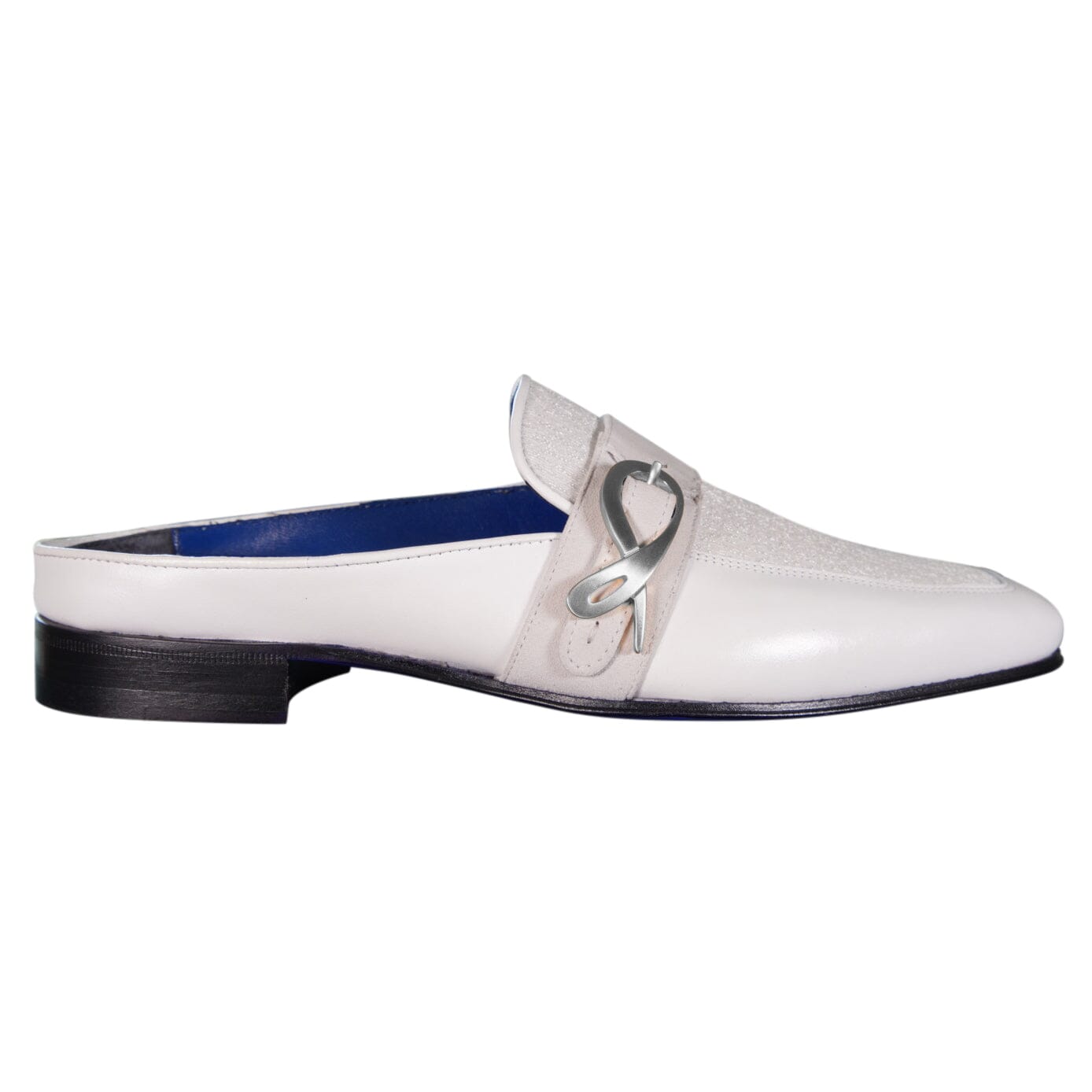 White Diamante With Silver Hardware Leather Slippers-6
