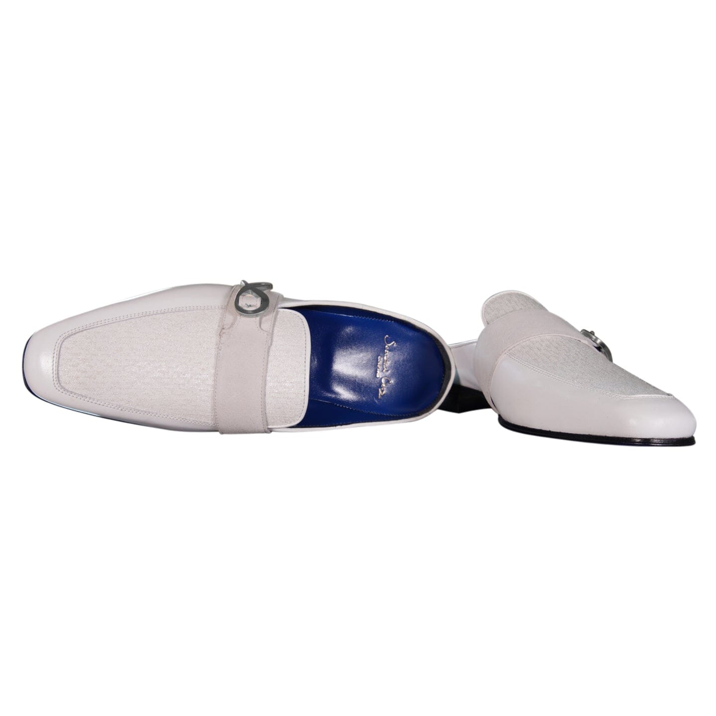 White Diamante With Silver Hardware Leather Slippers-9