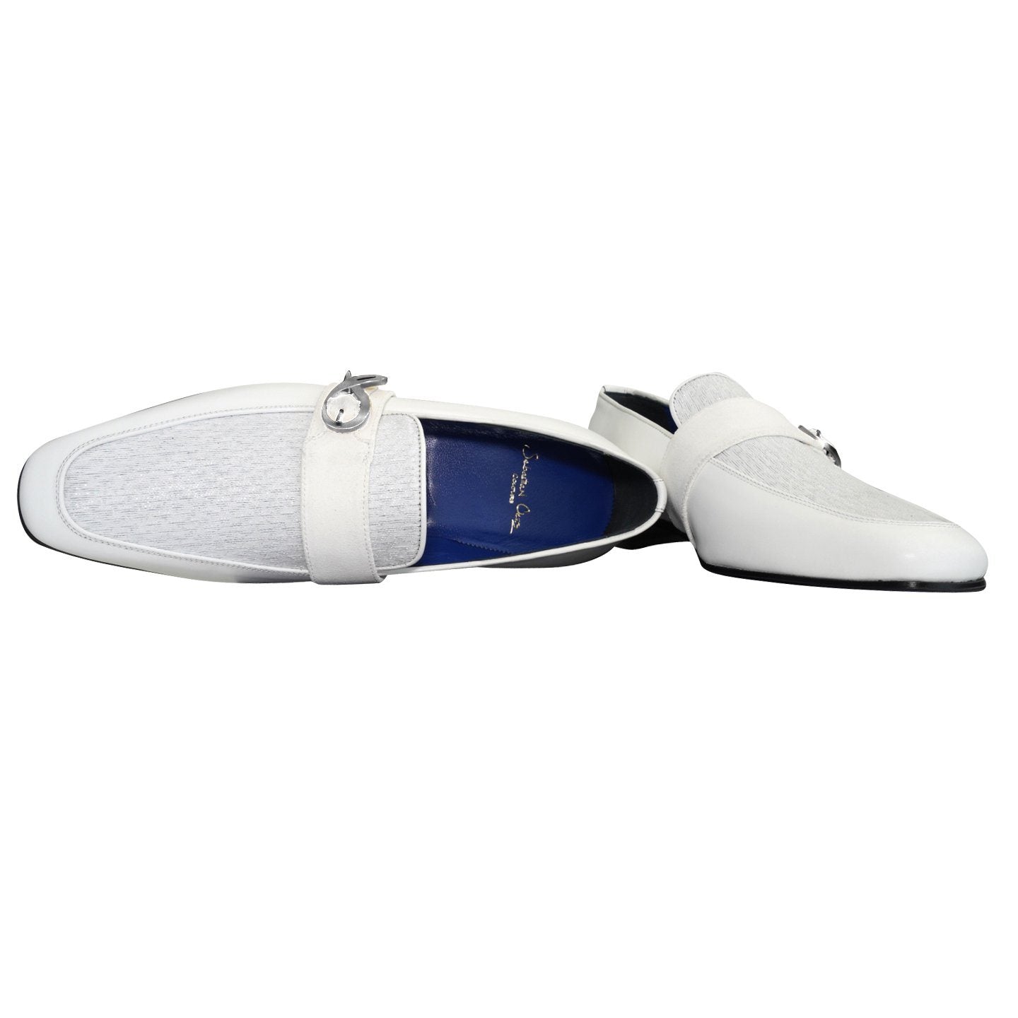 White Diamante Leather Monk Silver Loafers-7
