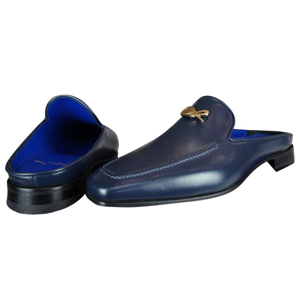 Classica Blu Mezzanotte With Yellow Gold Hardware Leather Slipper-4