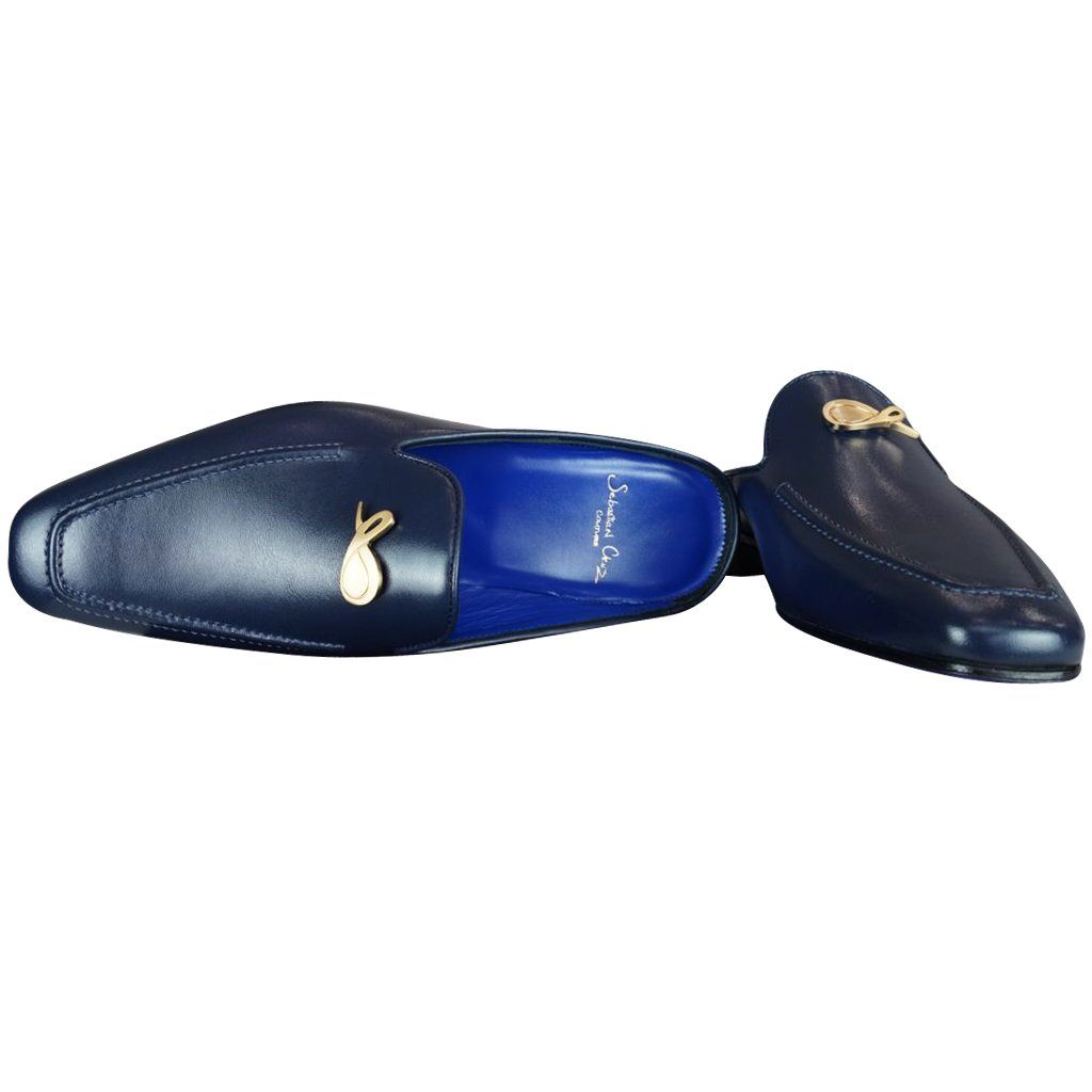 Classica Blu Mezzanotte With Yellow Gold Hardware Leather Slipper-8