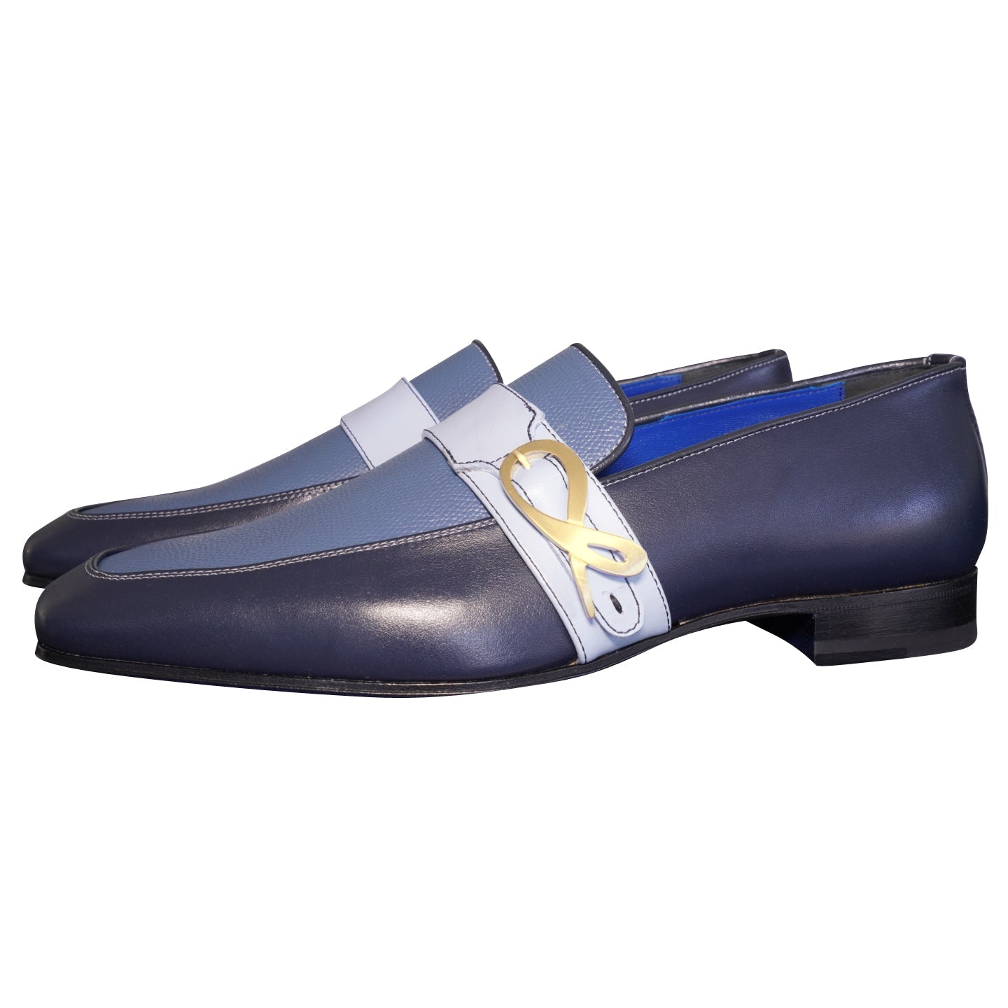 Blu Maya Leather Monk Strap loafer With Gold Buckle-3