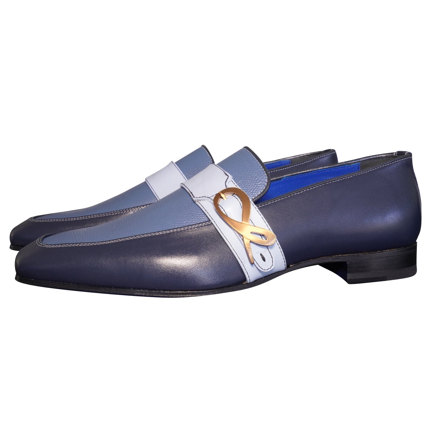 Blu Maya Leather Monk Strap loafer With Rose Gold Buckle-3