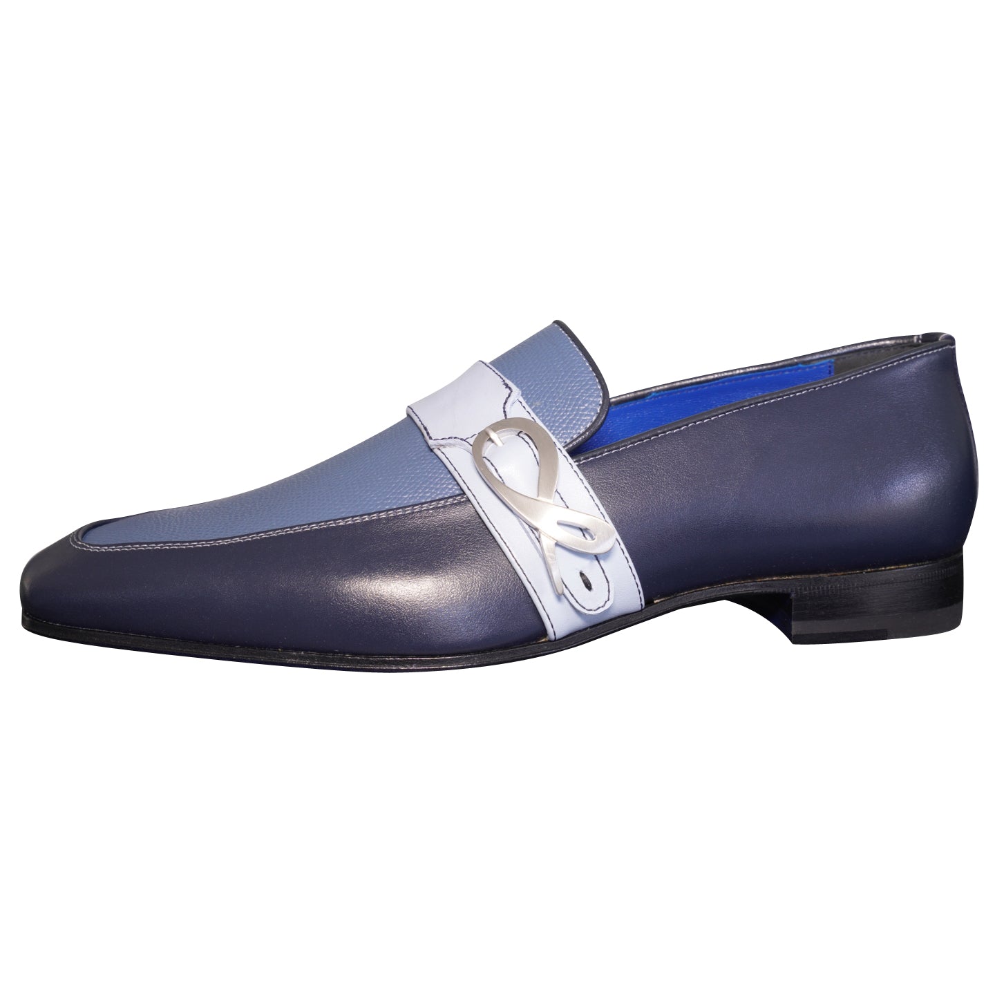 Blu Maya Leather Monk Strap loafer With Silver Buckle-7