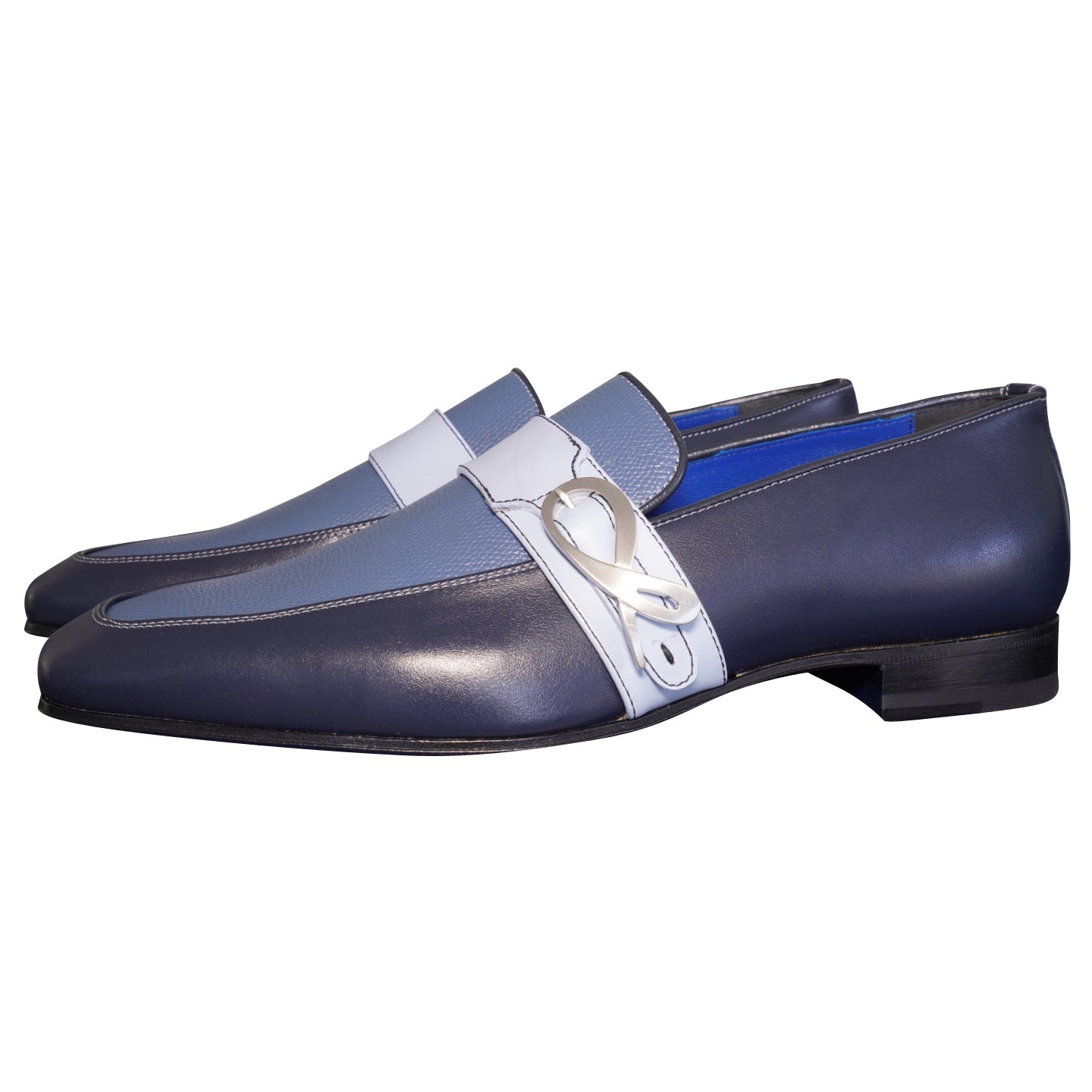 Blu Maya Leather Monk Strap loafer With Silver Buckle-3