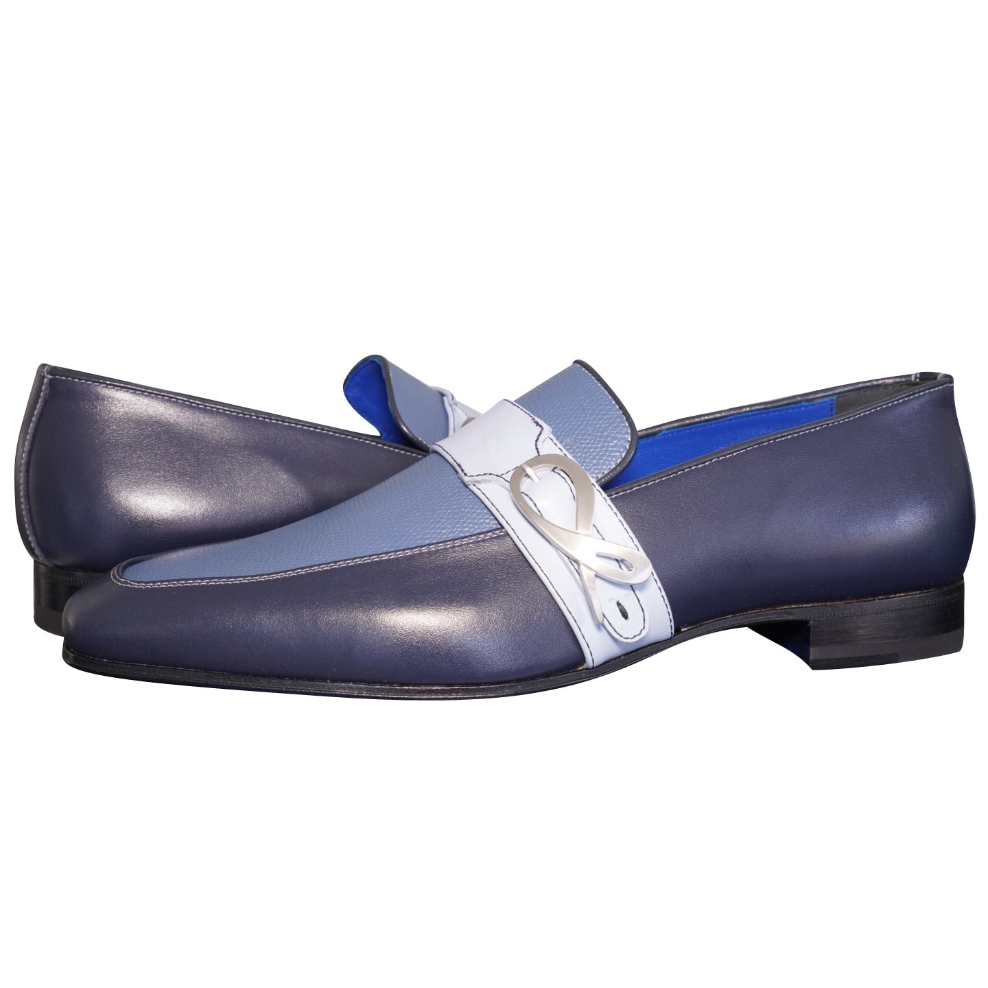 Blu Maya Leather Monk Strap loafer With Silver Buckle-4