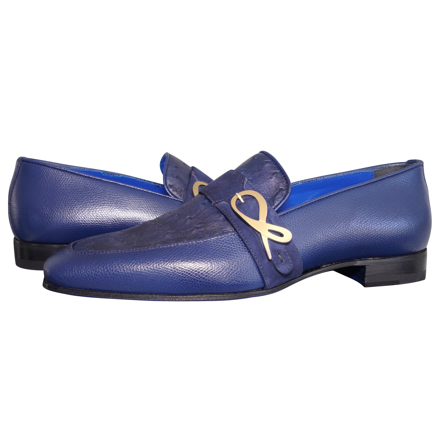Indigo Ostrich Monk Gold Loafer-3