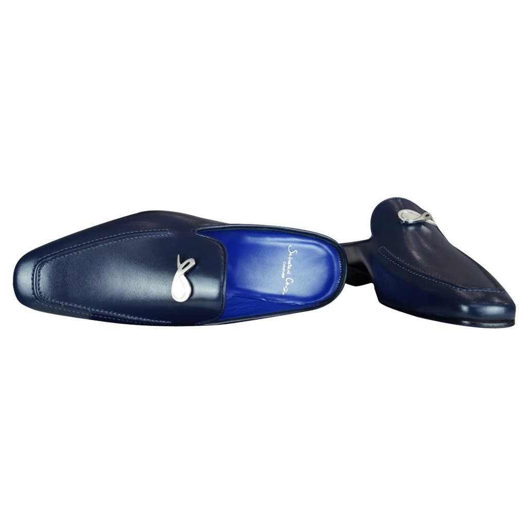 Classica Blu Mezzanotte With Silver Hardware Leather Slipper-8