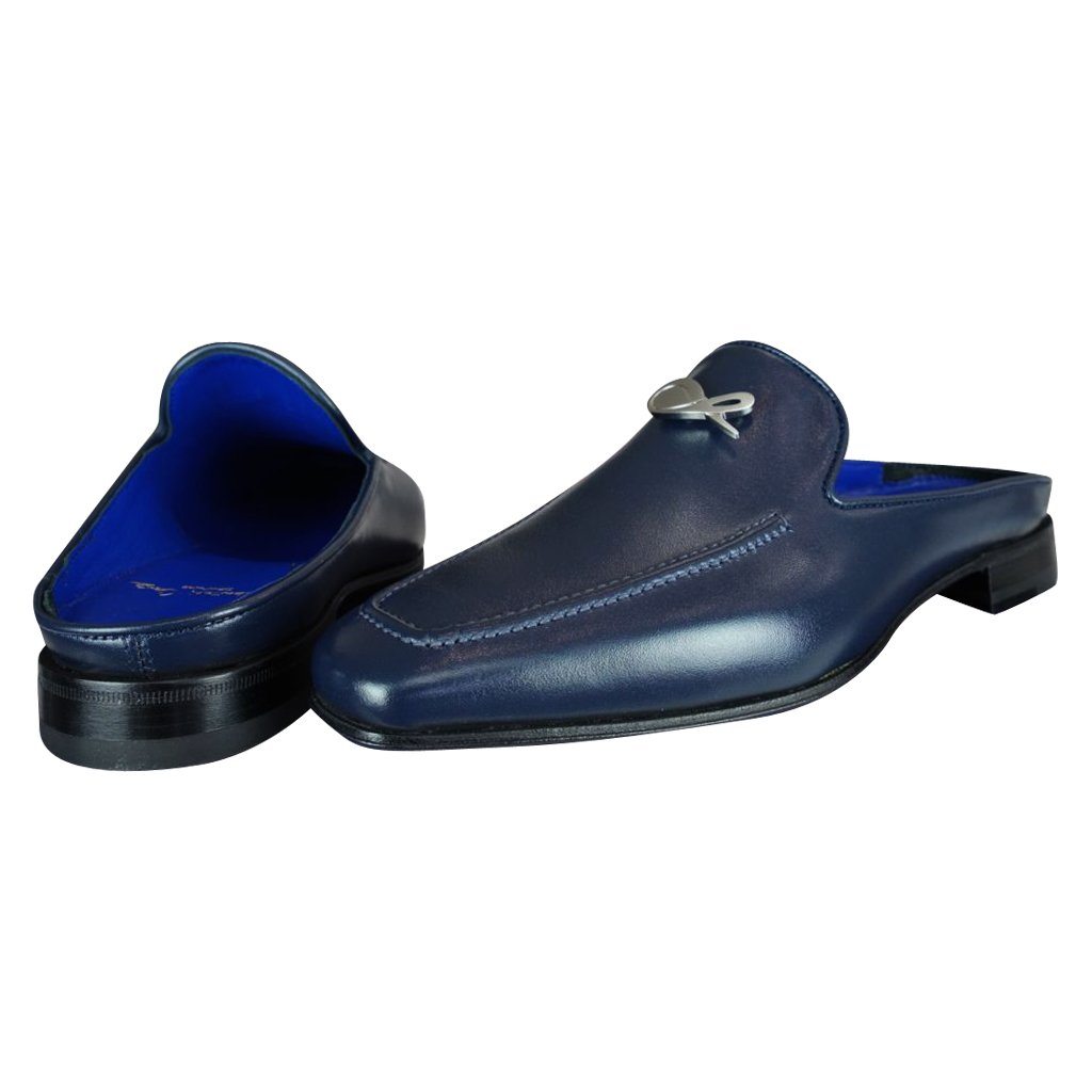 Classica Blu Mezzanotte With Silver Hardware Leather Slipper-4
