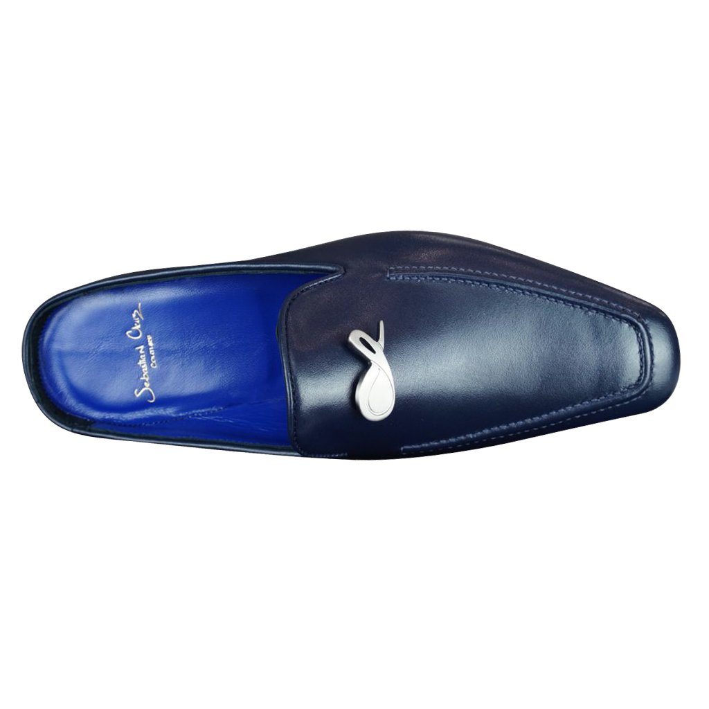 Classica Blu Mezzanotte With Silver Hardware Leather Slipper-6