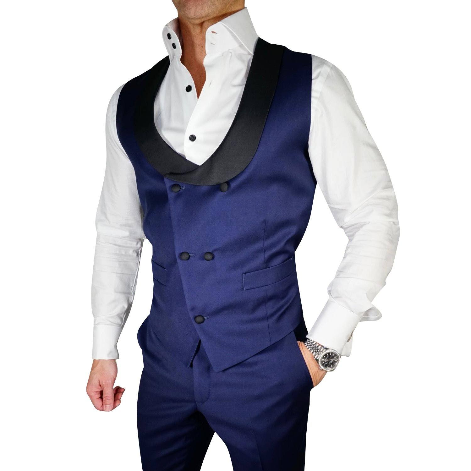 Navy Blue and Black Double Breasted Waistcoat @ The Vault