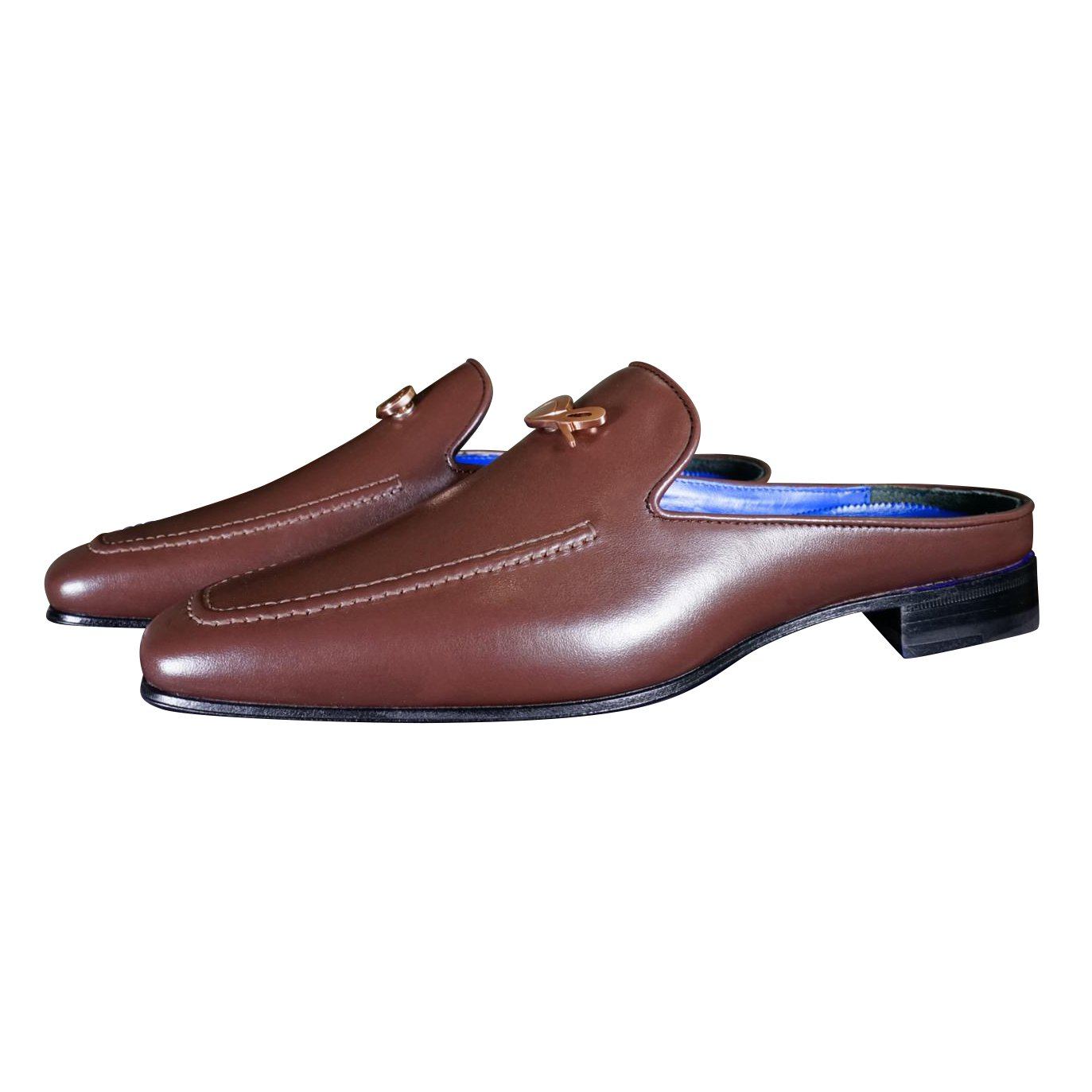Cacao With Rose Gold Hardware Leather Slipper-3