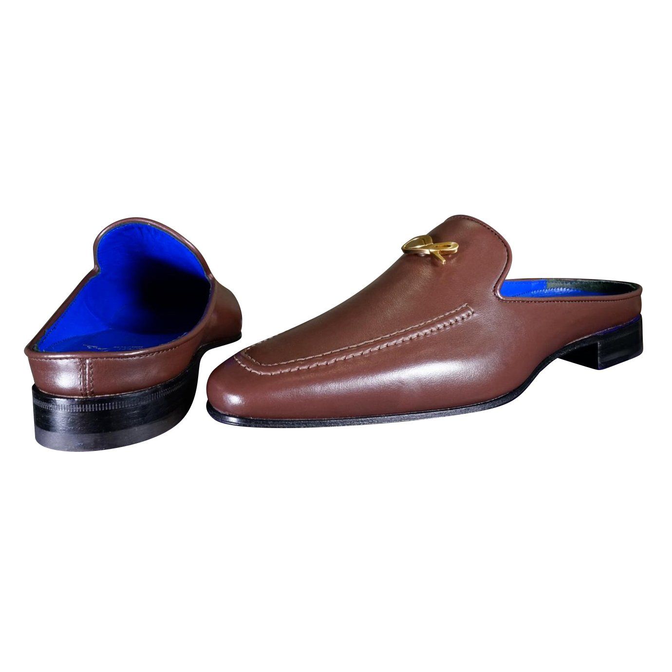 Cacao With Yellow Gold Hardware Leather Slipper-4