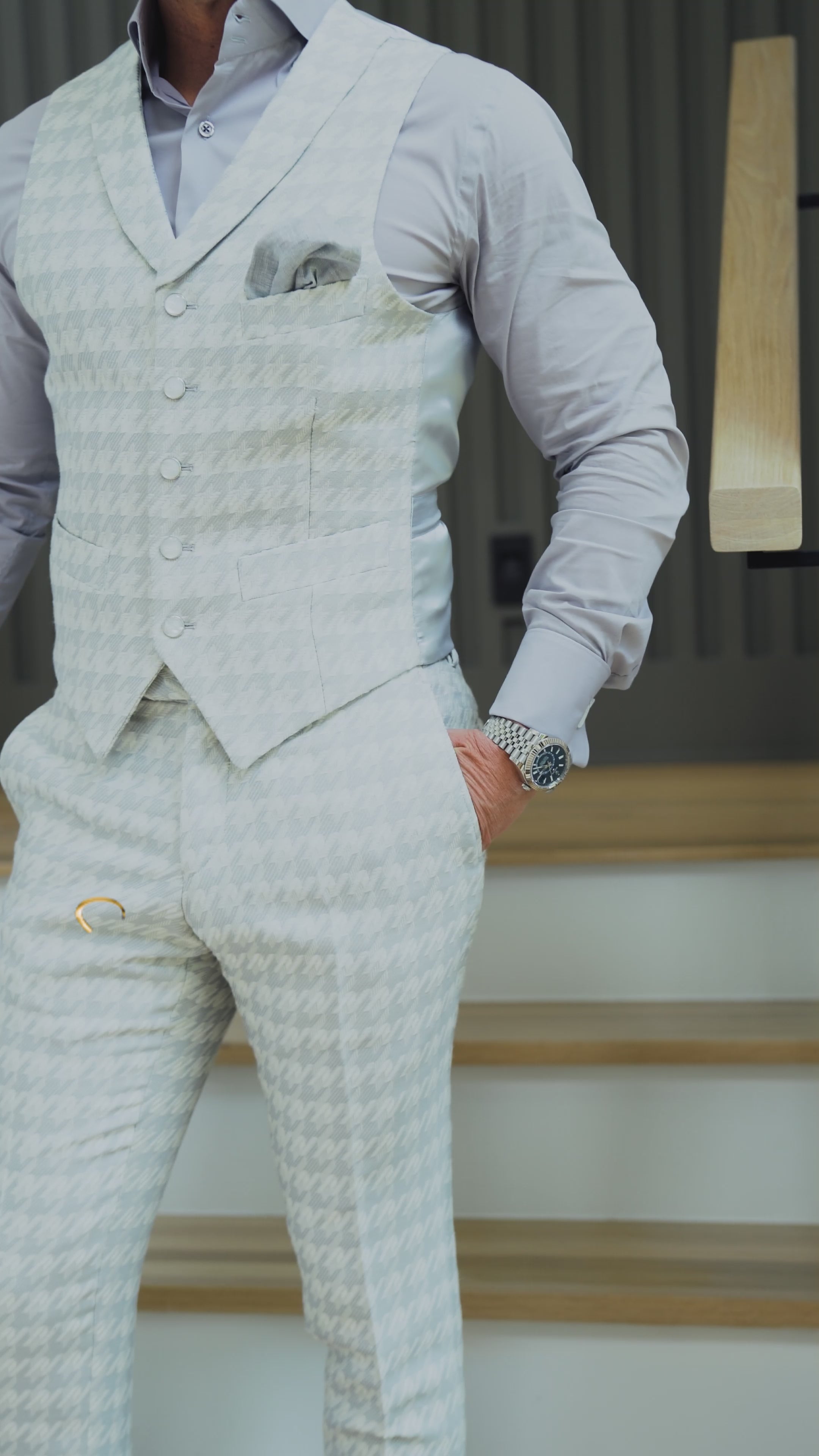 Oyster Grigio Houndstooth Ciottoli Waistcoat @ The Vault