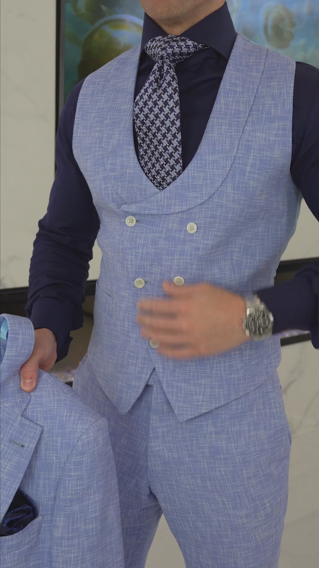 Lilac Blu Lino Tweed Double Breasted Waistcoat @ The Vault