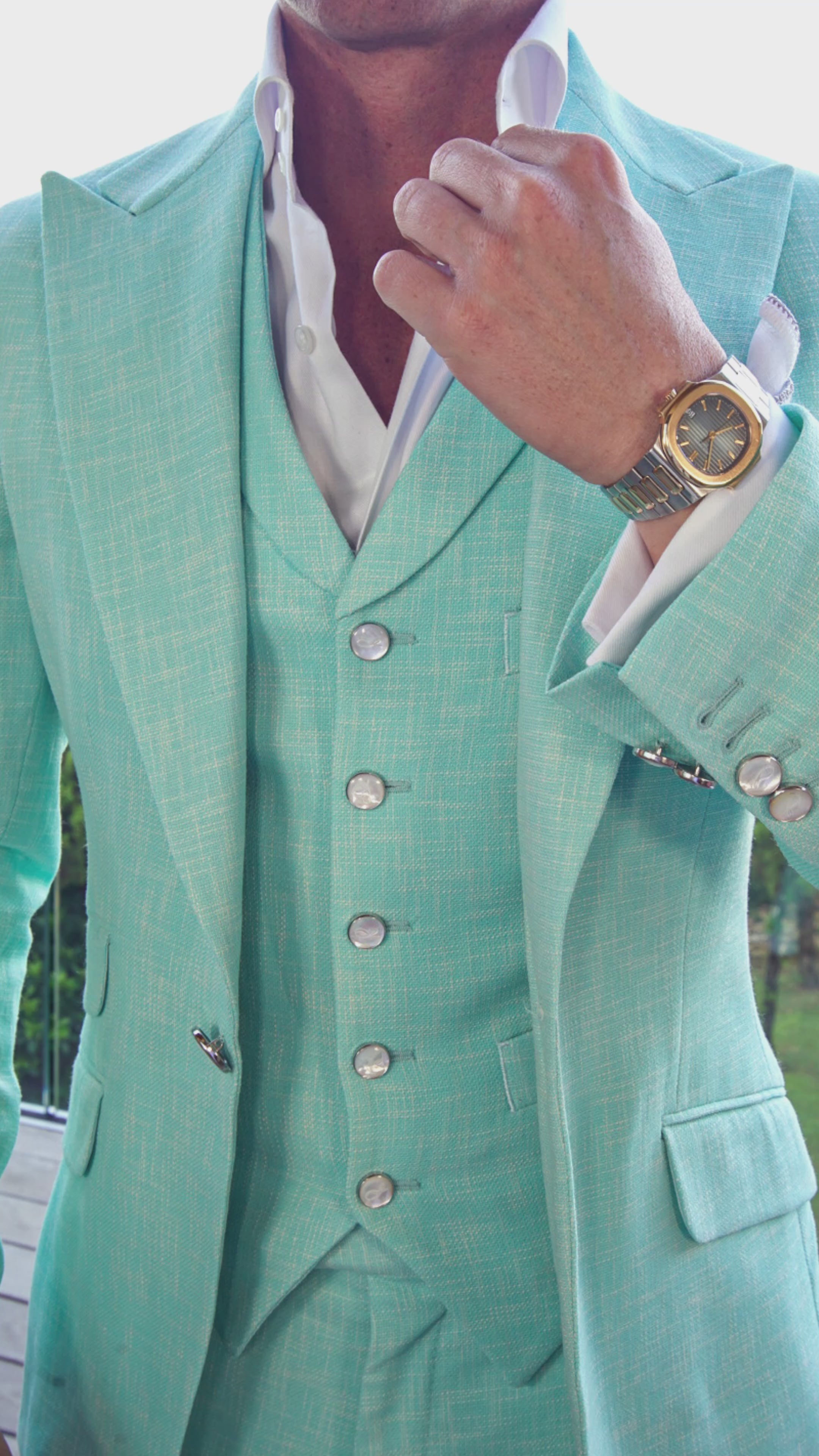 Blu Ciano Lino Tweed Ciottoli Waistcoat-2